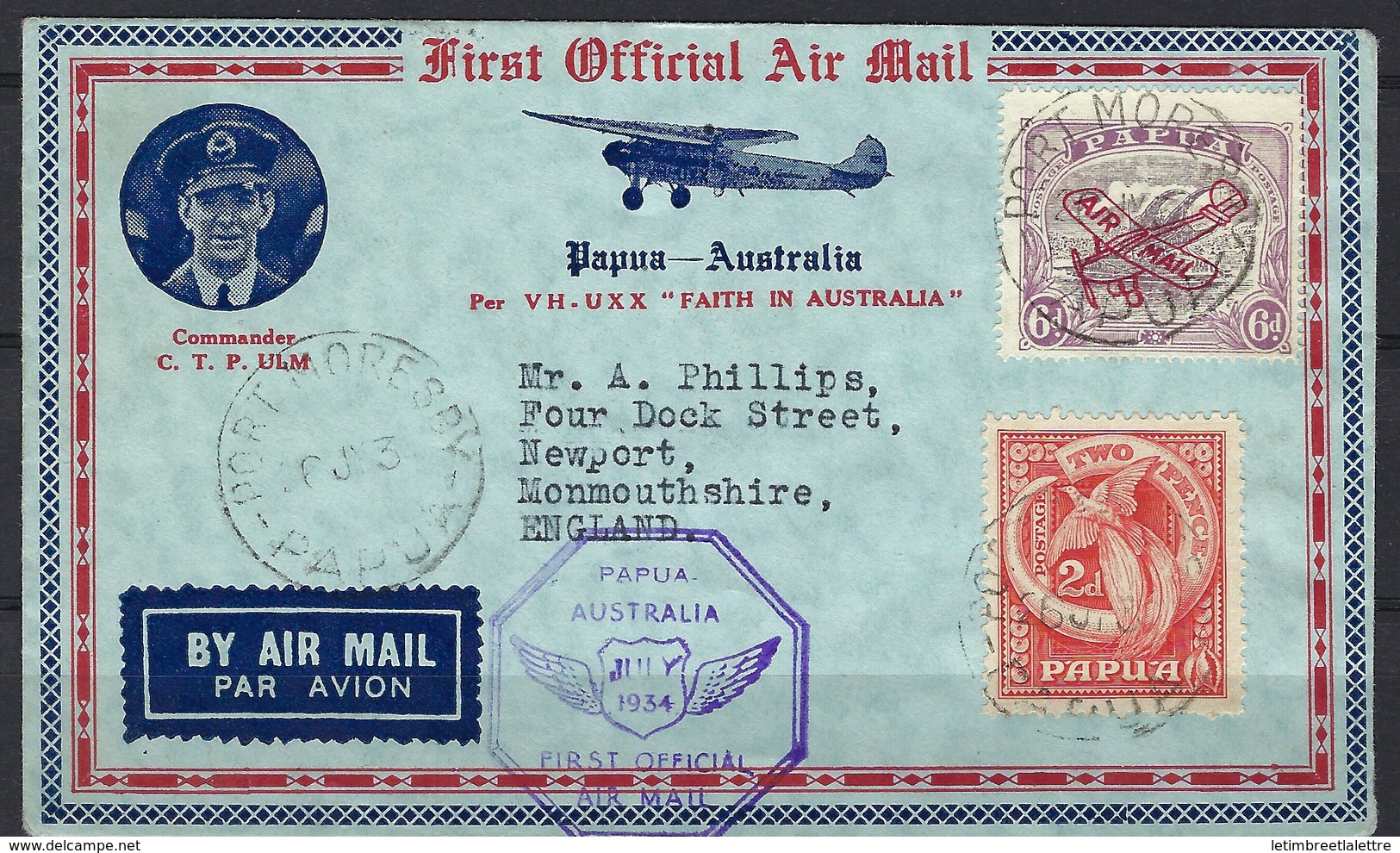 First Official Air Mail Cover : Papua - Australia, July 1934 - Premiers Vols