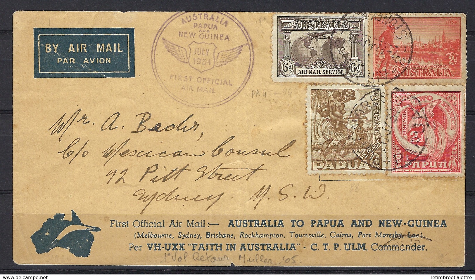 First Official Air Mail Cover : Australia To Papua And New Guinea ( Premier Vol Retour Muller 105 ) July 1934 - First Flight Covers