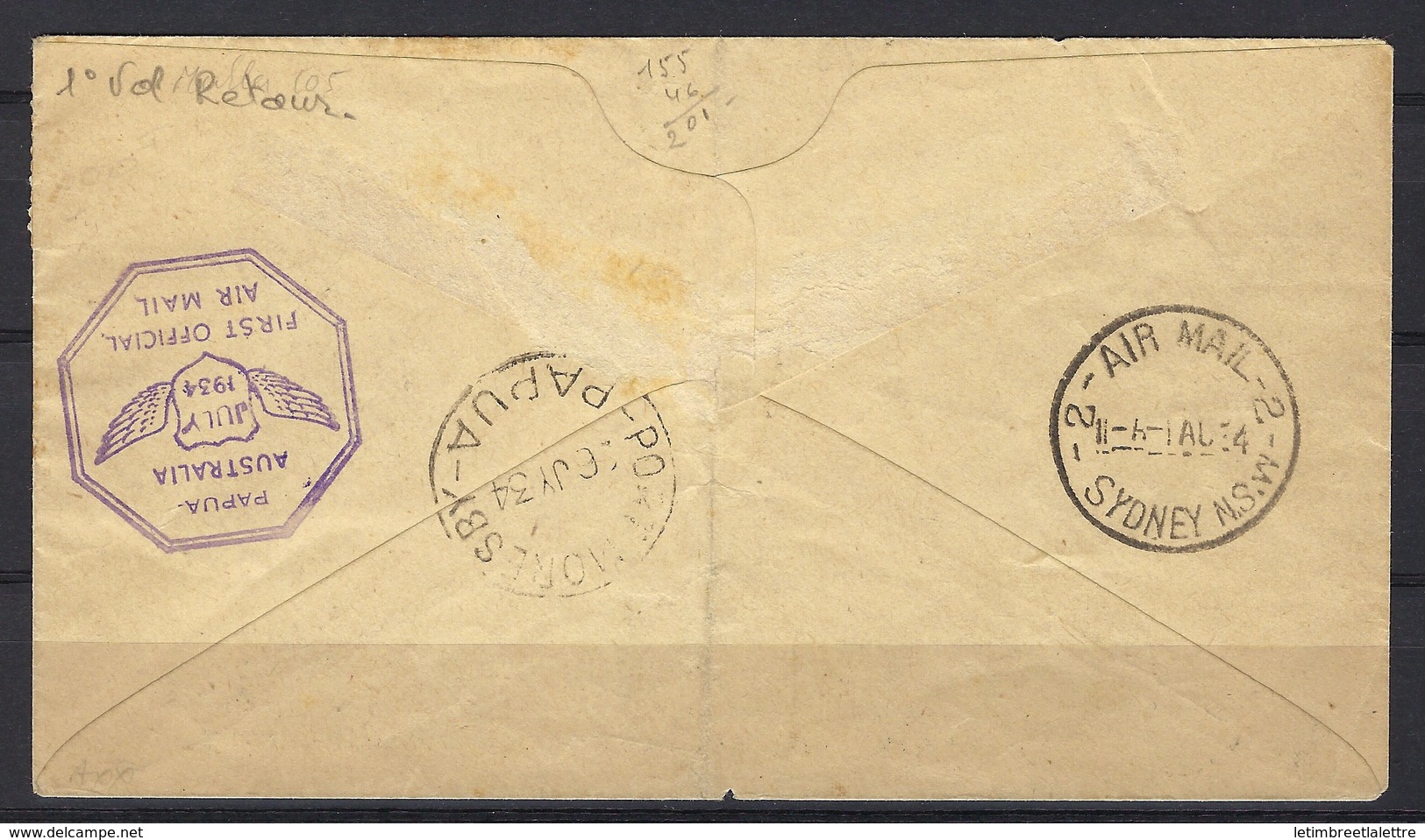 First Official Air Mail Cover : Australia To Papua And New Guinea ( Premier Vol Retour Muller 105 ) July 1934 - First Flight Covers