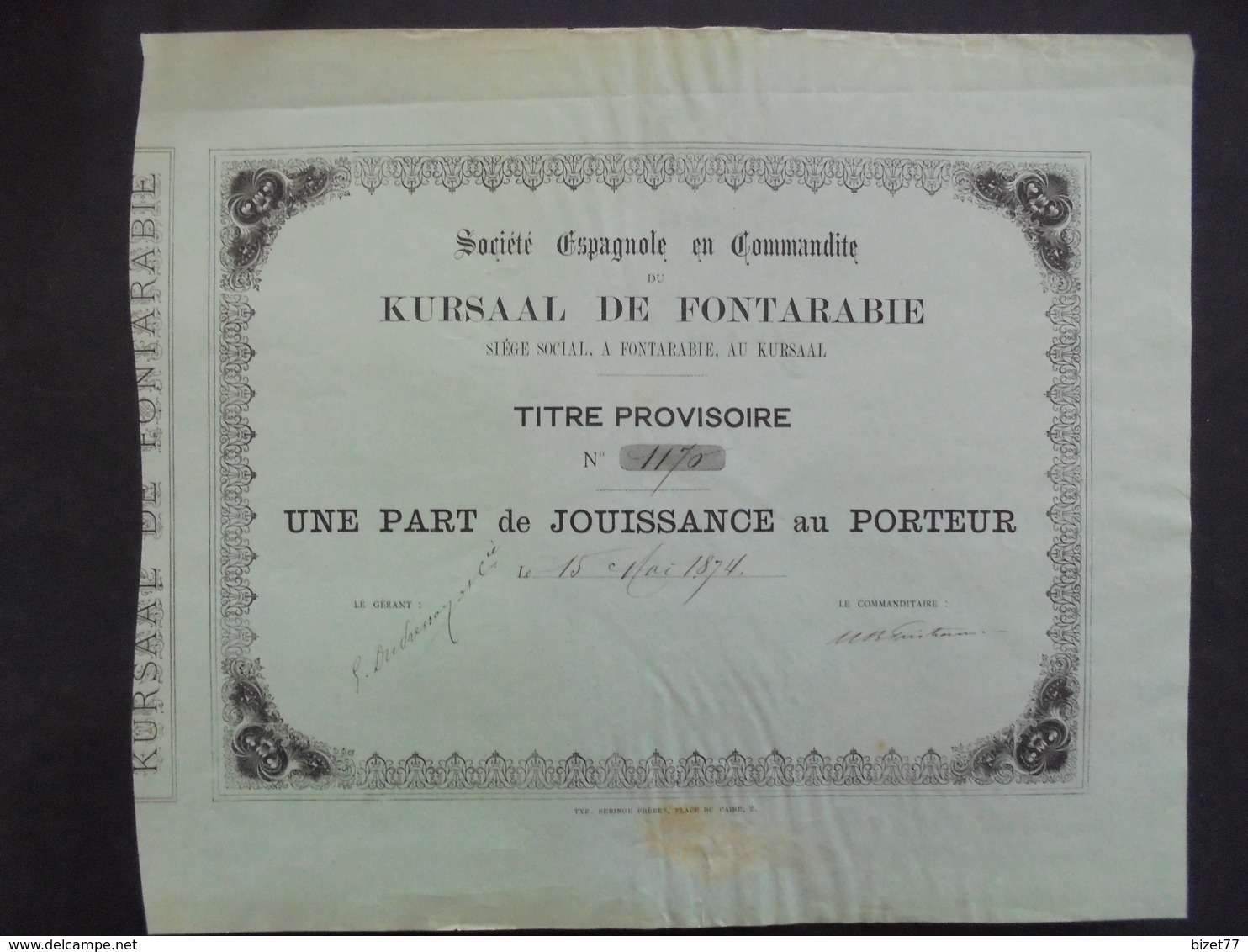 ESPAGNE - KURSAAL DE FONTARABIE - 1 PART DE JOUISSANCE - FONTARABIE 1874 - PETITE TACHE ROUSSEUR - Other & Unclassified
