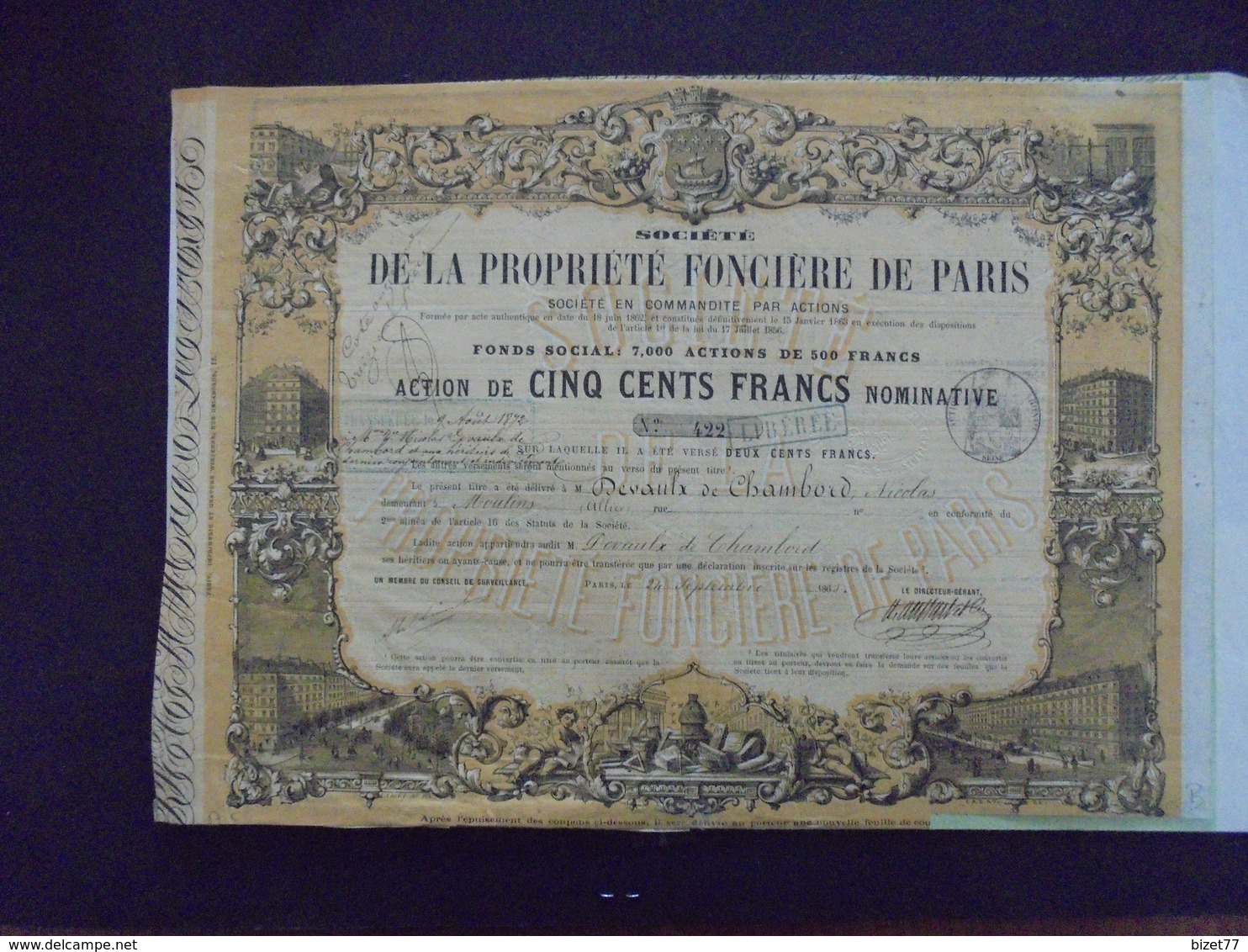 STE DE LA PROPRIETE FONCIERE DE PARIS - ACTION DE 500 FRS - PARIS 1863 - BELLE DECO - Autres & Non Classés