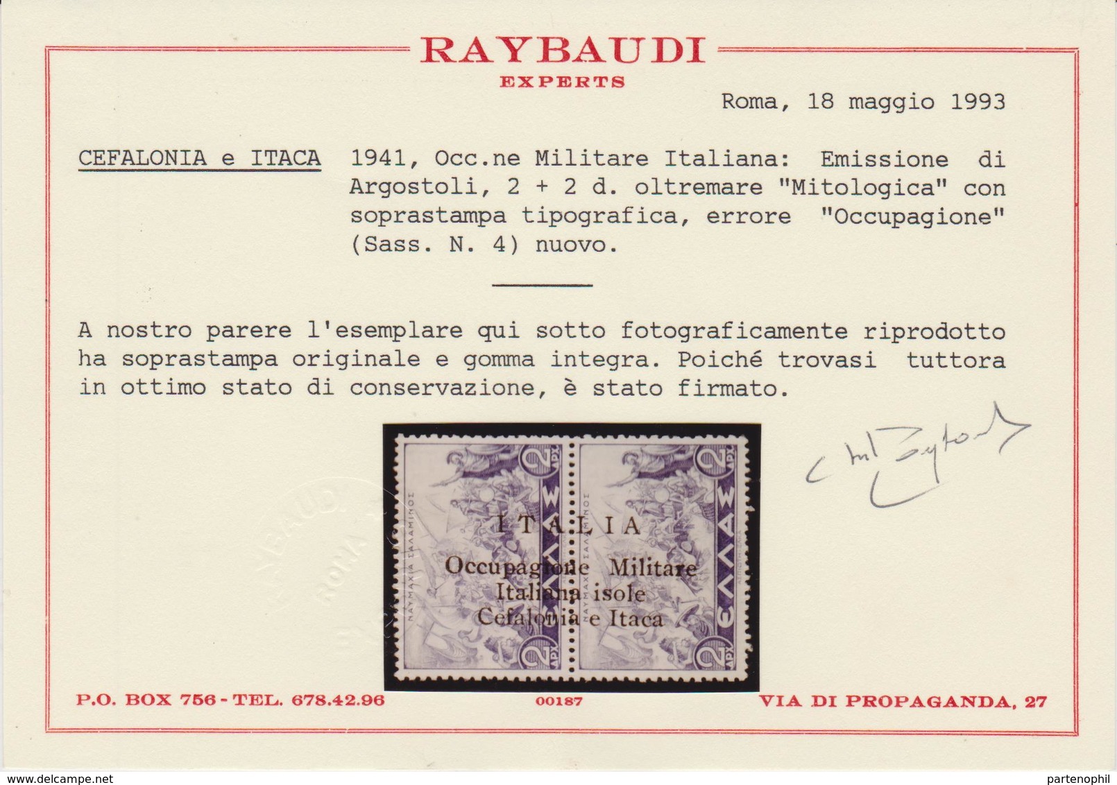 ** Cefalonia E Itaca 1941 – Occ. Militare Italiana Emissione Di Argostoli 2+2d Oltremare “Mitologia” Con - Cefalonia & Itaca