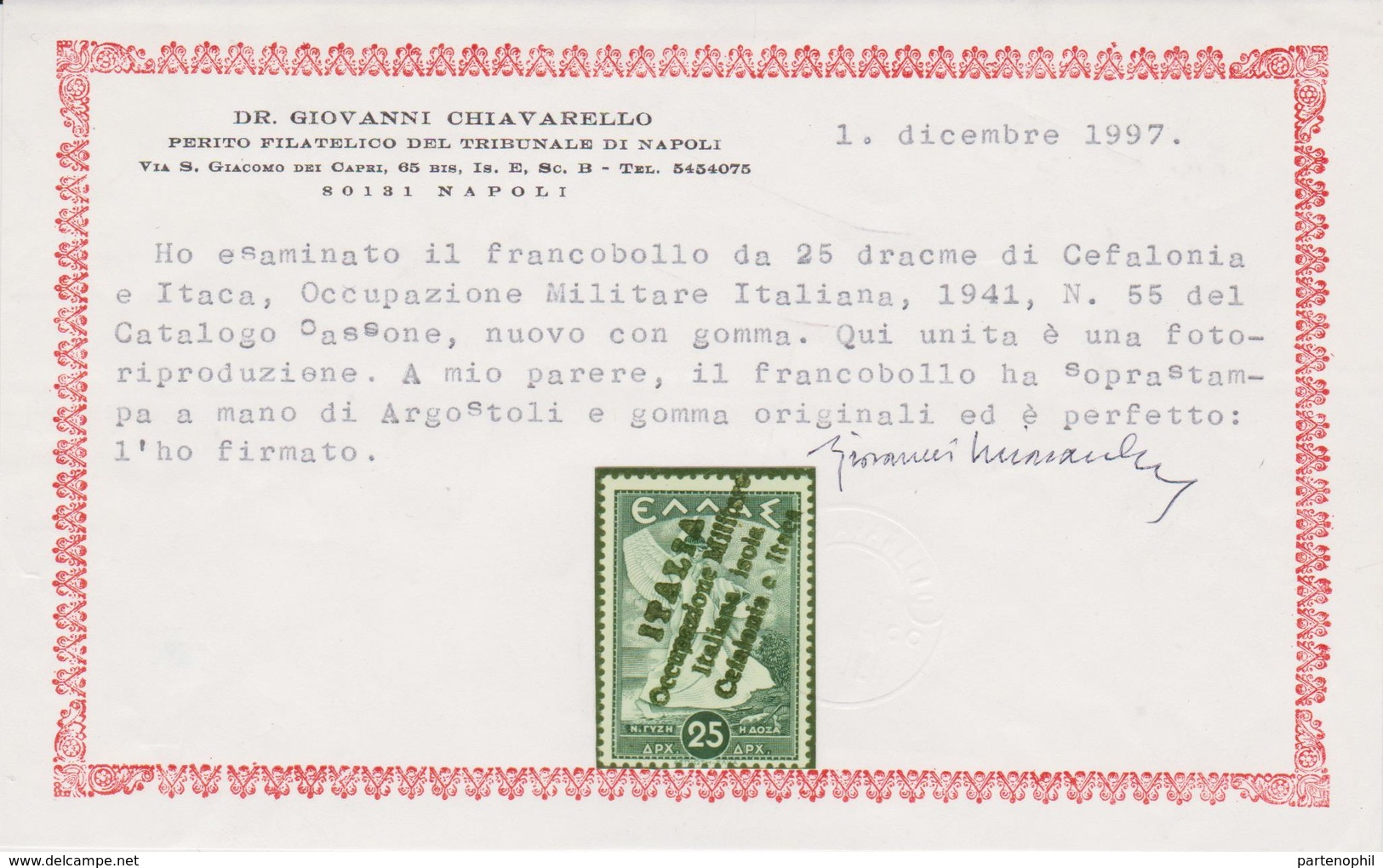 213 ** Cefalonia E Itaca 1941 – Occ. Militare Italiana 50d. Con Soprastampa A Mano Di Argostoli N. 55. Cert. Chiavarello - Cefalonia & Itaca