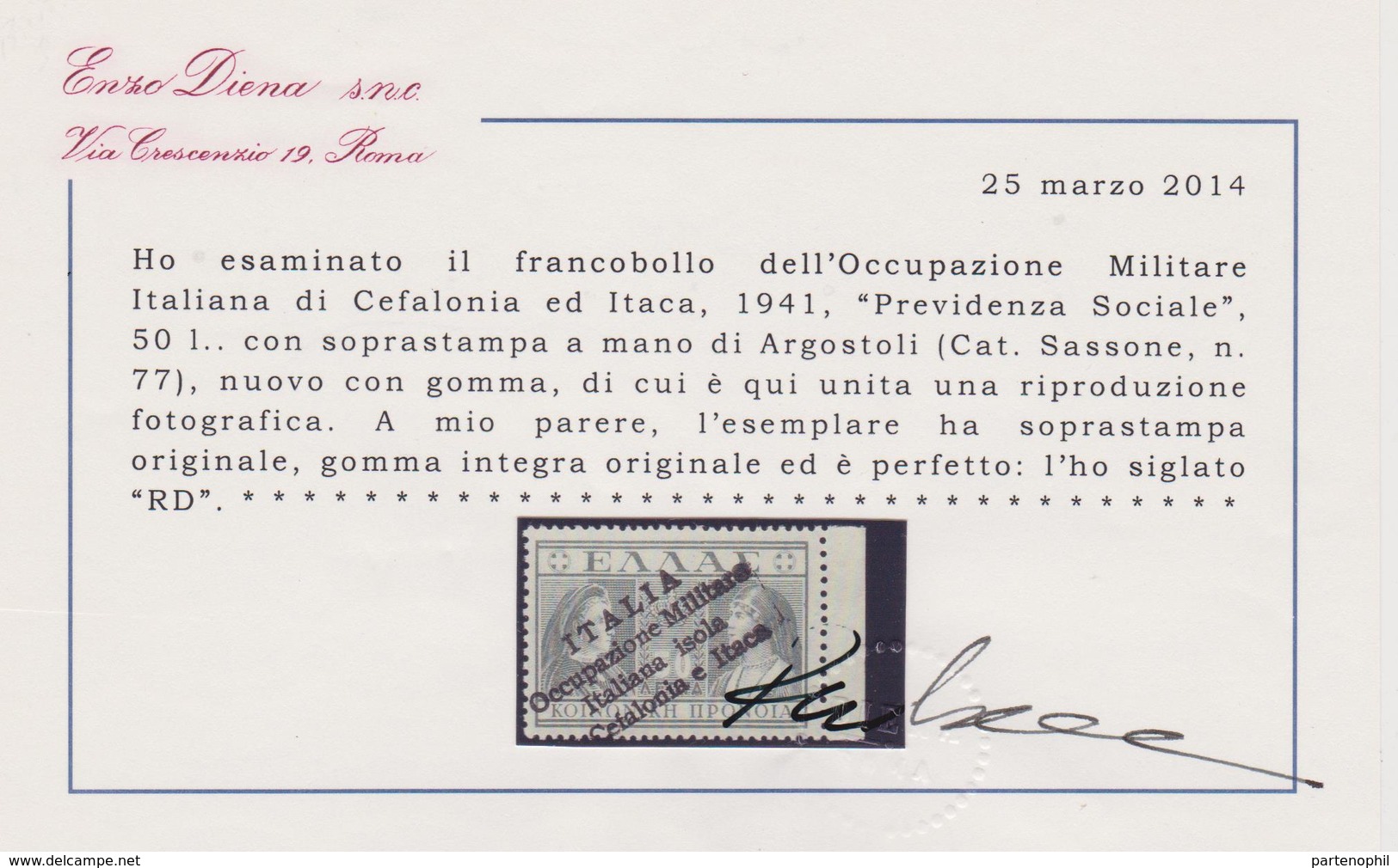 214 ** Cefalonia E Itaca 1941 – Occ. Militare Italiana “Previdenza Sociale” L.50 Con Soprastampa A Mano Di Argostoli N. - Cefalonia & Itaca