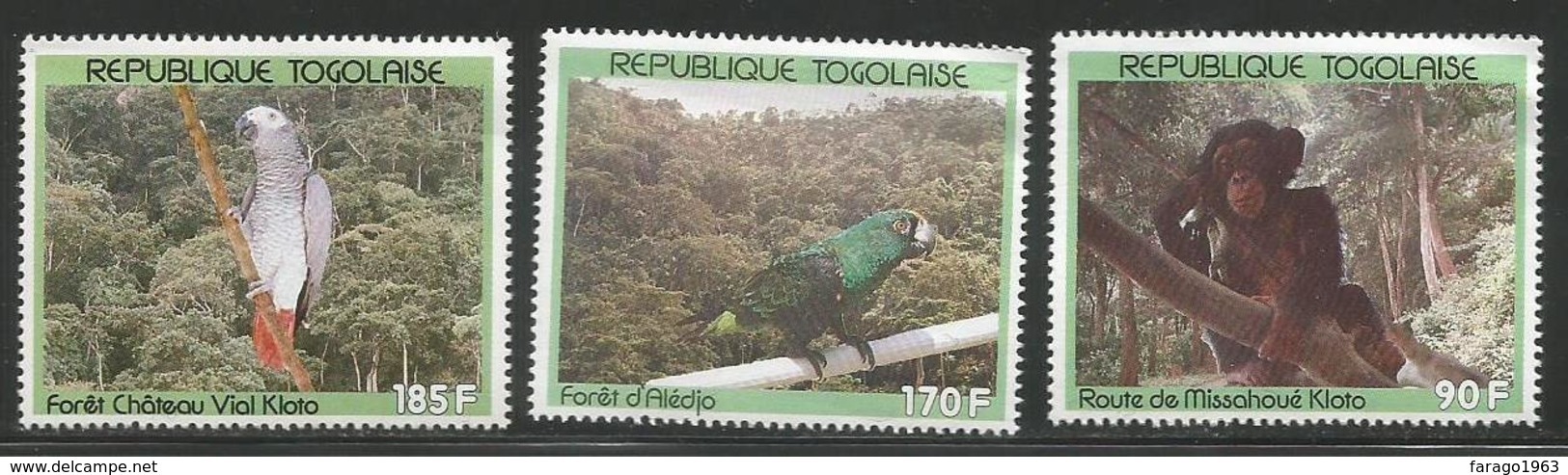 1991 Togo Forest Wildlife Parrots Chimpanzee  Complete Set Of 3 MNH - Togo (1960-...)