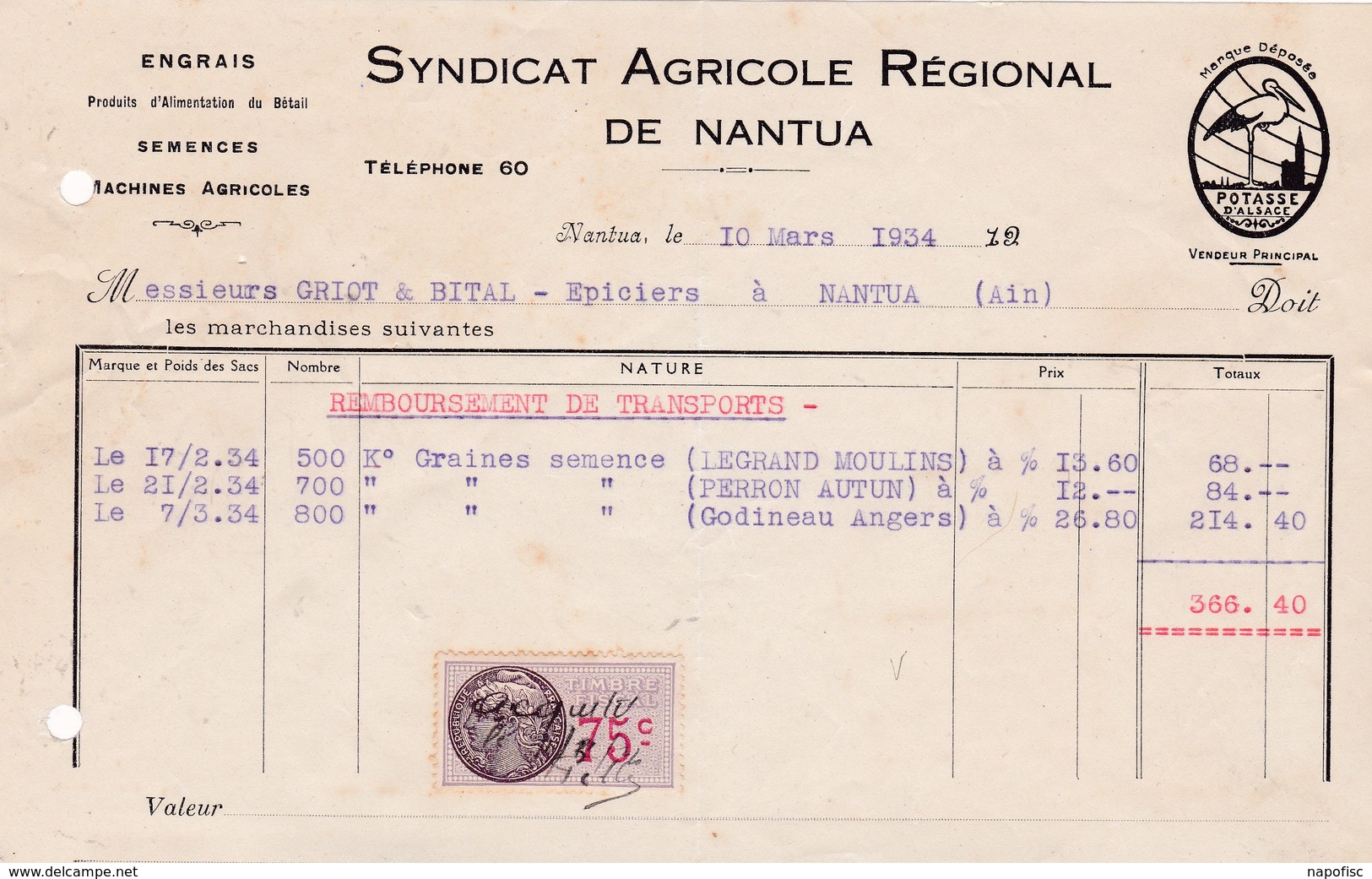 01-Syndicat Agricole Régional De Nantua..Engrais, Semences, Machines Agricoles...Nantua..(Ain)   ..1934 - Agriculture