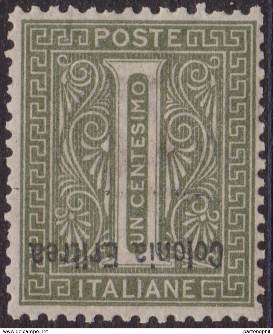 221 ** Eritrea 1925 – Francobollo D’Italia 1 Cent. Verde Oliva Del 1863 Con Soprastampa Capovolta N. 1c. Cert. Biondi. C - Eritrea