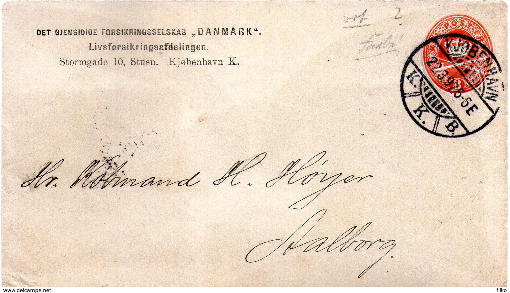 Denmark,1897,det Gjensidige Forsikringsselskab Denmark,cancel:Kjobenhavn,22,03.1897 To Aalborg,23.03.1897,used As Scan - Covers & Documents