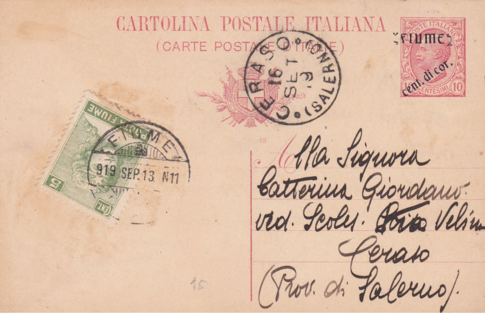 1919 FIUME Cartolina Postale Leoni C.10 Mill 18 Sopr Fiume/cent . Di Cor.  Con Fr.llo Aggiunto C.5 Fiume (13.9) - Fiume