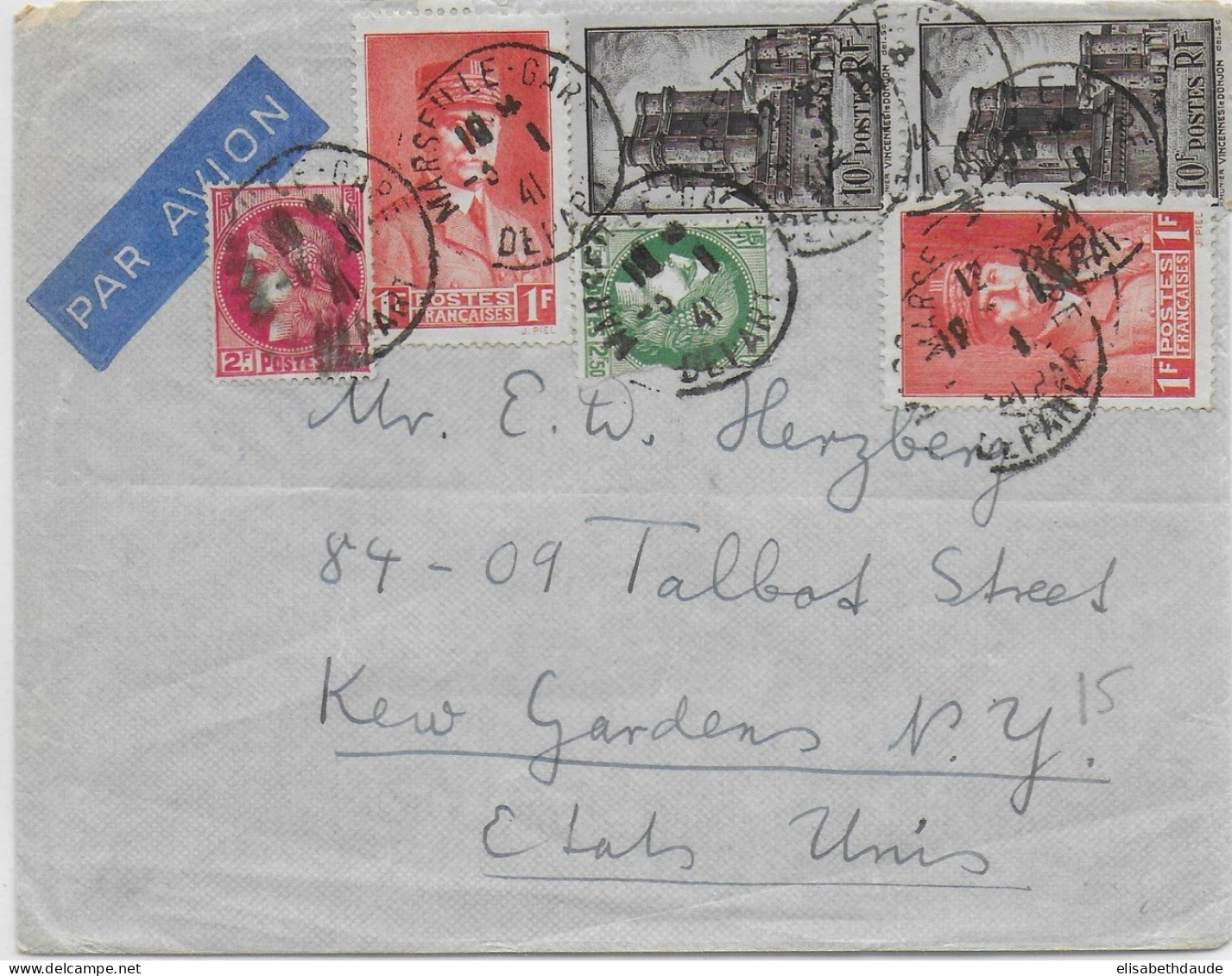 1941 - ENVELOPPE Par AVION De MARSEILLE => KEW GARDENS NY (USA) - DESTINATION ! - Lettres & Documents