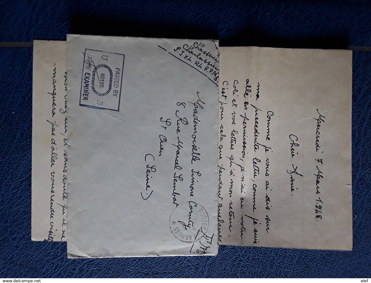 Lettre Guerre FM POSTE AUX ARMEES Censure US ARMY EXAMINER 40198, SP 84 124 BPM> Marraine St Ouen,mars 1945 - WW II