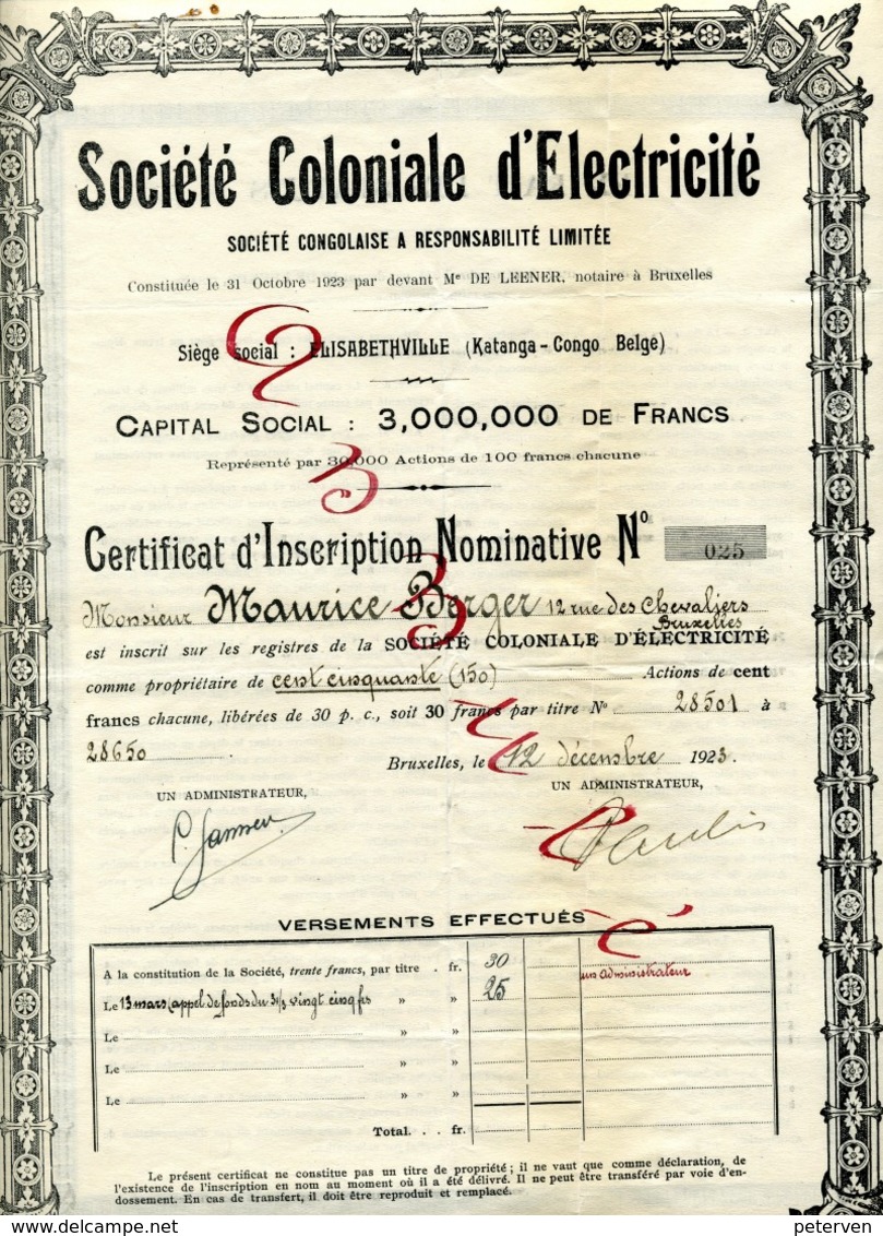 Société Coloniale D'Électricité - Certificat D'Inscription - Electricité & Gaz