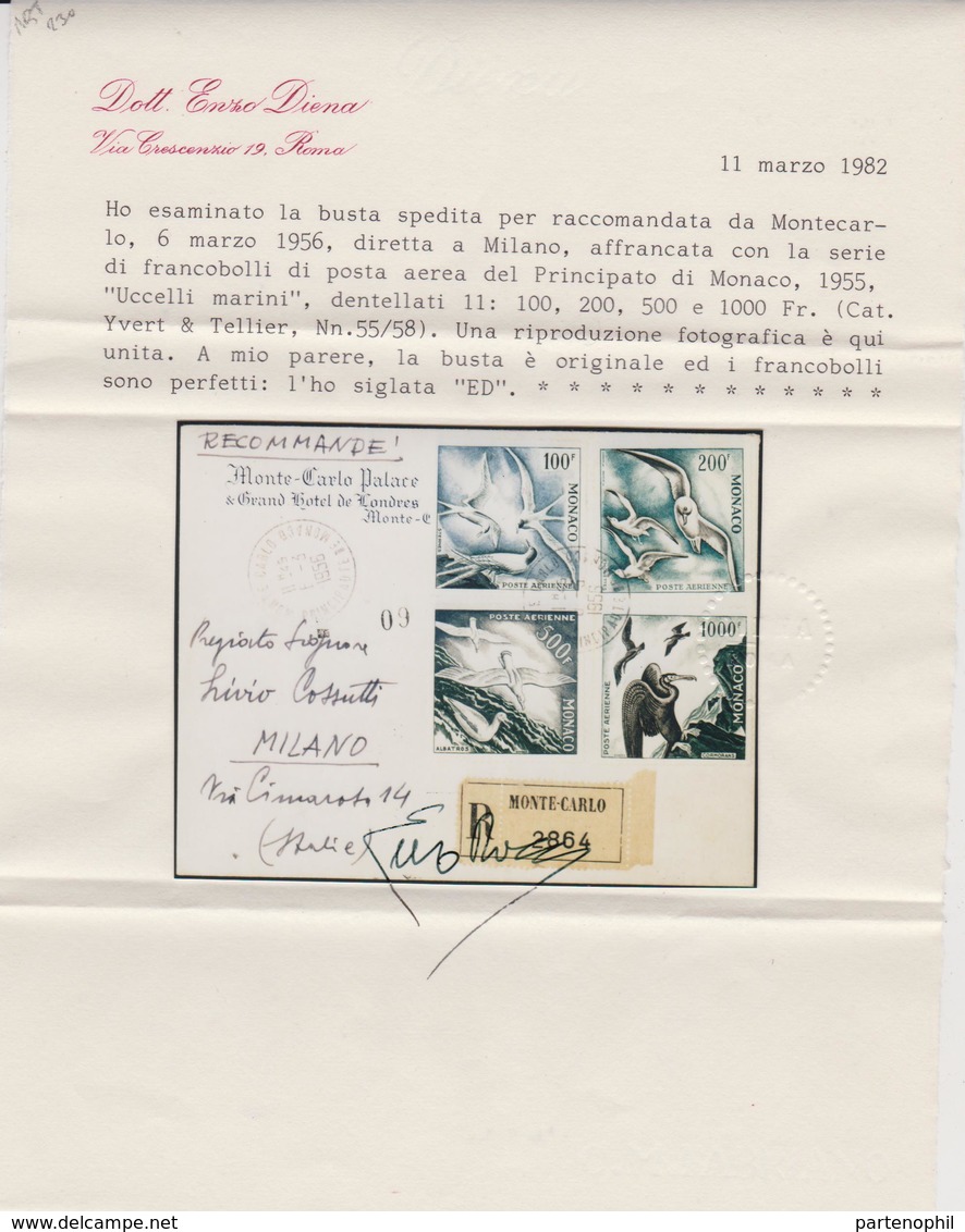 269 Monaco Lettera R/ta Da Montecarlo Per Milano Affrancata Con Con Serie Uccelli. Al Verso Annullo Di Arrivo. Cert. E. - Storia Postale