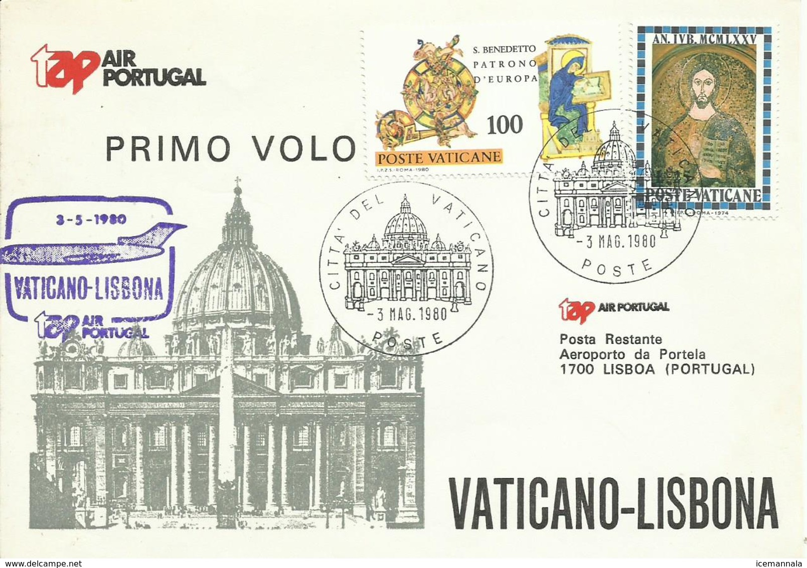 VATICANO, SOBRE PRIMER VUELO VATICANO/LISBONA - Cartas & Documentos