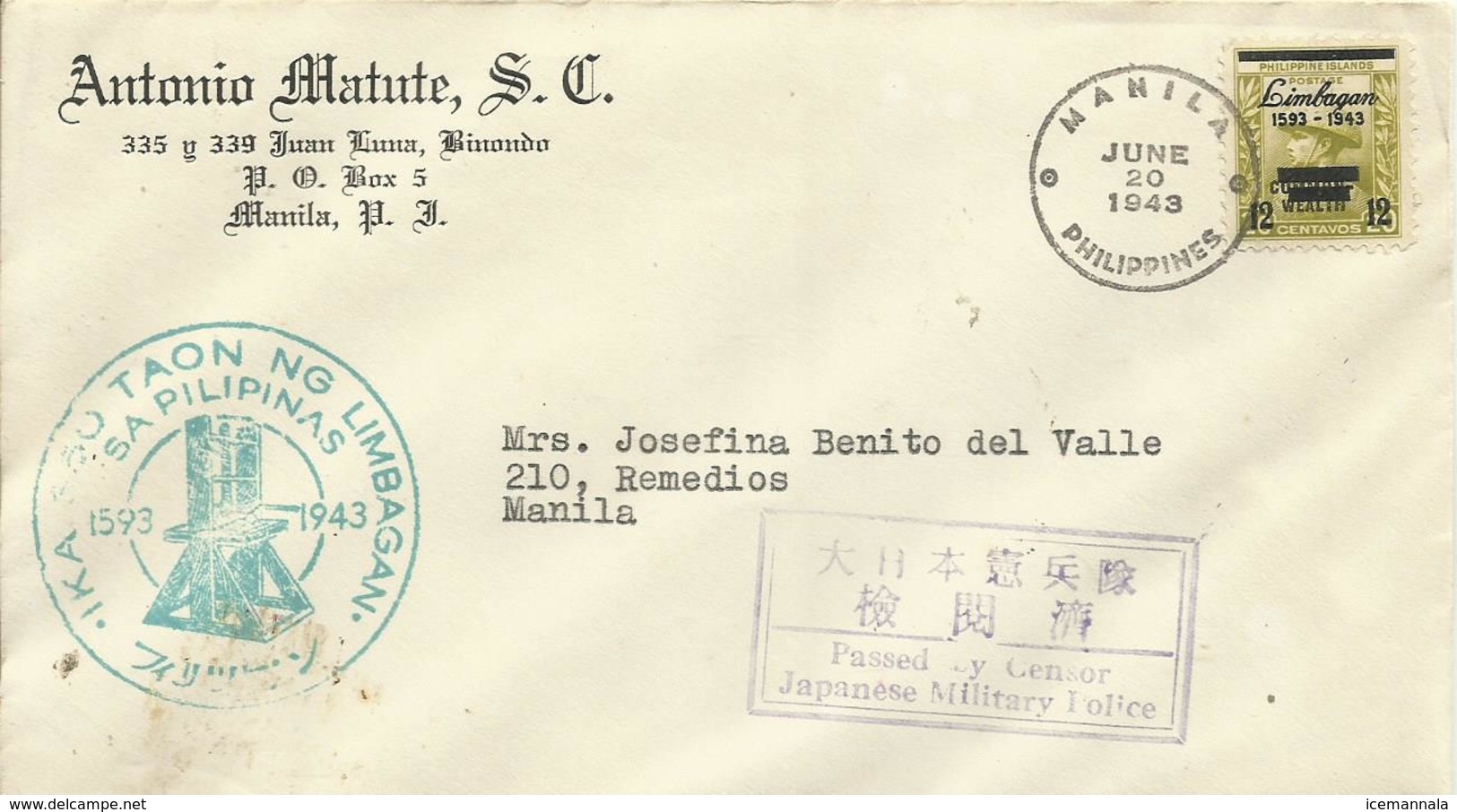FILIPINAS , SOBRE DIRIGIDO A MANILA CON MATASELLO DE CENSURA JAPONES AÑO 1943 - Philippines