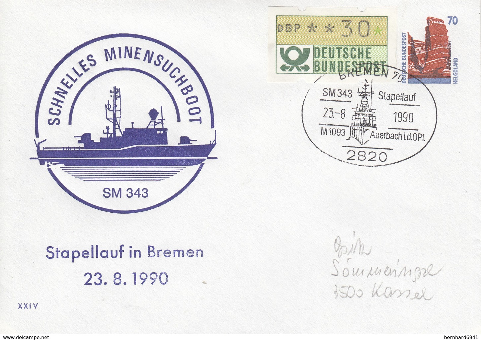 PU 319/16  Schnelle Minensuchboot SM 343 - Stapellauf In Bremen 199o, Bremen 70 - Privatumschläge - Gebraucht