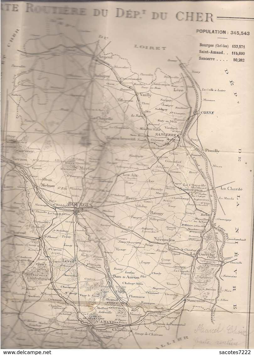 CARTE ROUTIERE DU CHER -  1908 - - Autres Plans