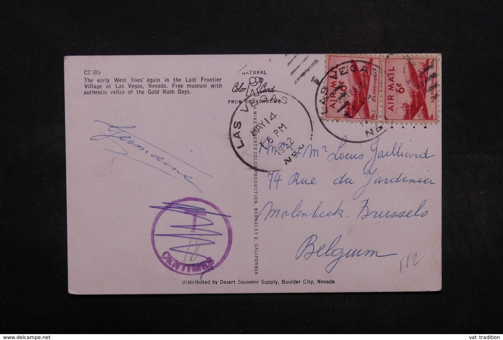 ETATS UNIS - Carte Postale De Las Vegas Pour La Belgique En 1952 , Taxe Annulé - L 32078 - Marcophilie