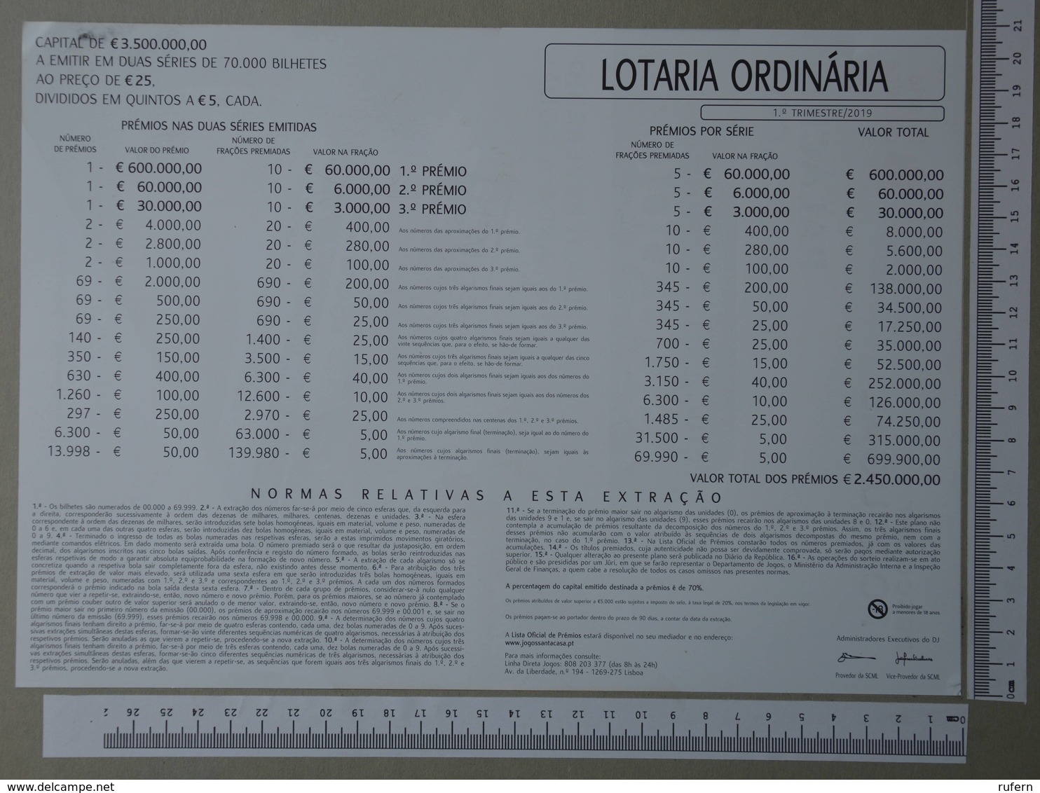 PORTUGAL - CARTAZ LOTARIA CLASSICA FORMATO A4 -  DOBRA AO MEIO -   2 SCANS  - Nº 7 - (Nº29304) - Lottery Tickets