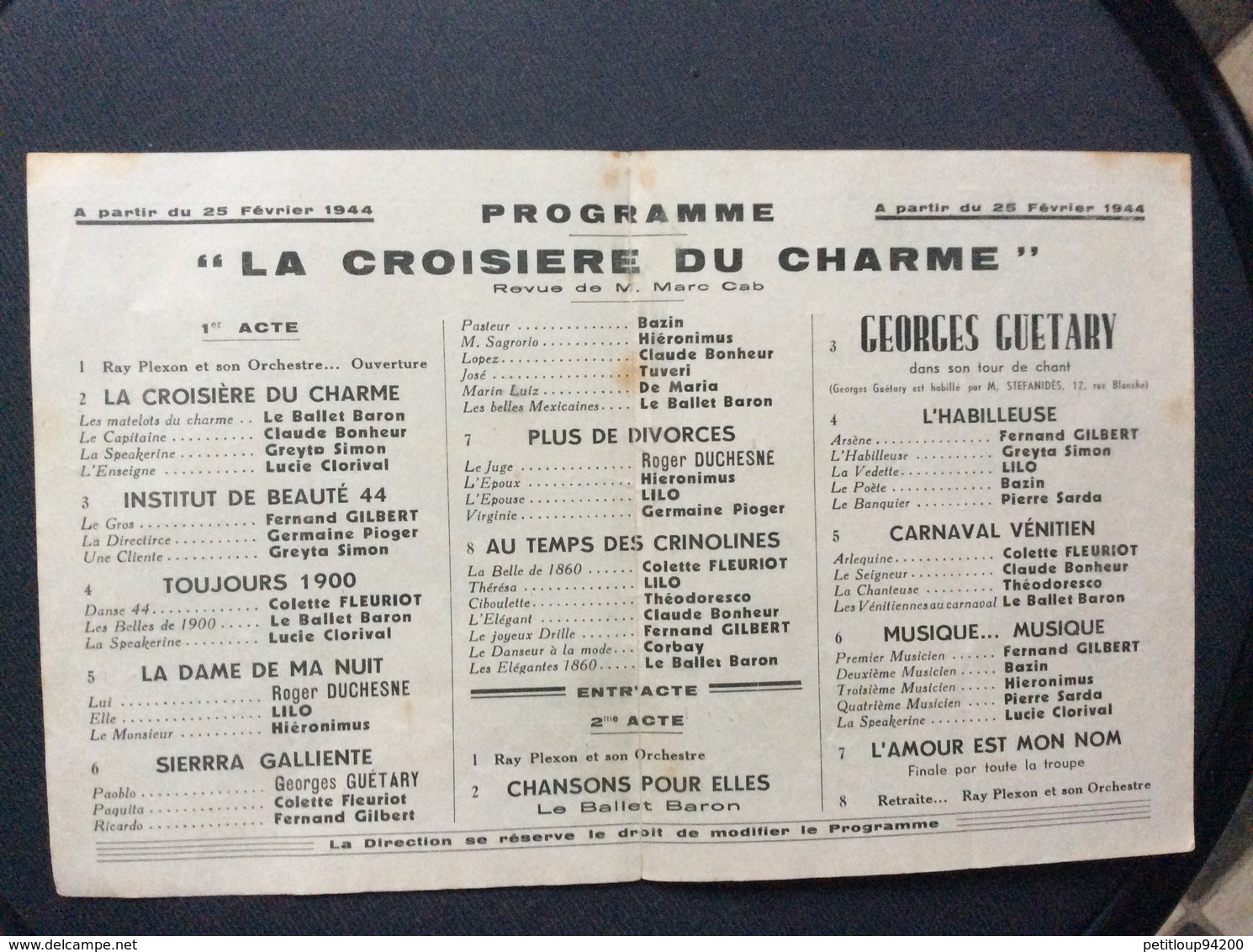 PROGRAMME ALHAMBRA  Music-Hall  GEORGES GUETARY  La Croisière Du Charme FÉVRIER 1944 - Programmes