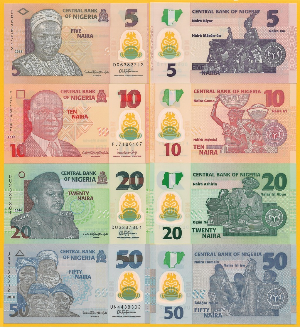 Nigeria Set Of 4 Banknotes: 5, 10, 20, 50 Naira 2016-2018 UNC Polymer - Nigeria