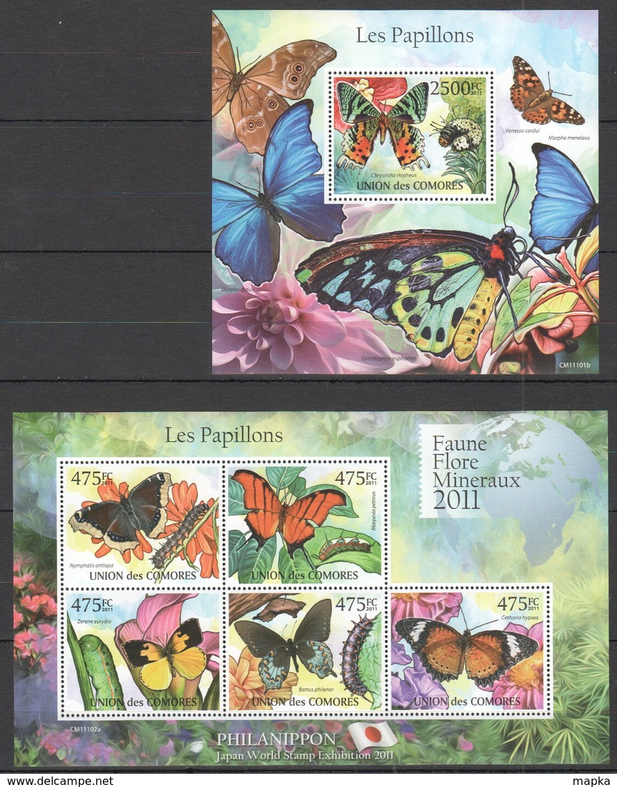 S989 2011 UNION DES COMORES FAUNE FLORE MINERAUX PAPILLONS BUTTERFLIES 1KB+1BL MNH - Farfalle