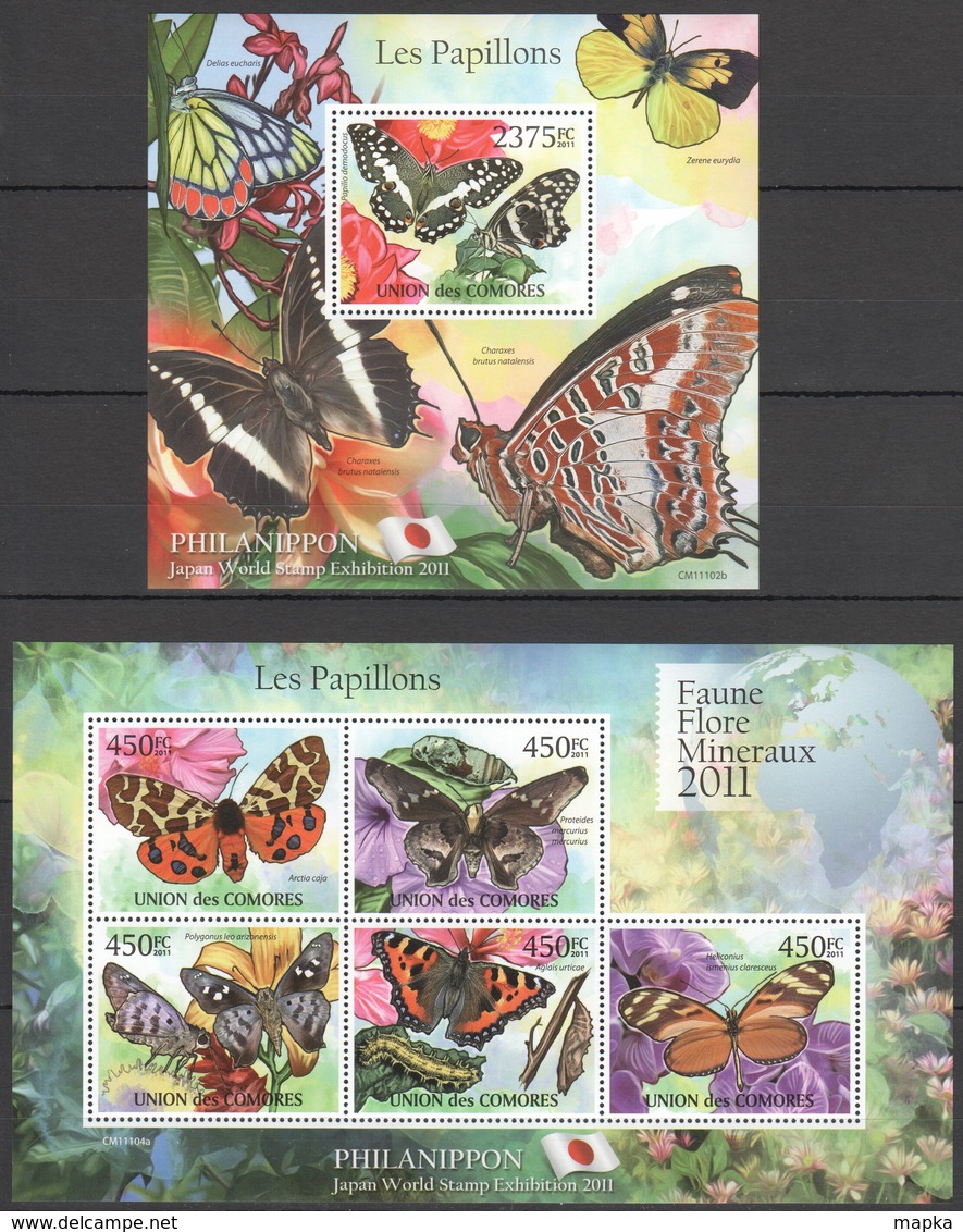 S990 2011 UNION DES COMORES FAUNE FLORE MINERAUX PAPILLONS BUTTERFLIES 1KB+1BL MNH - Papillons