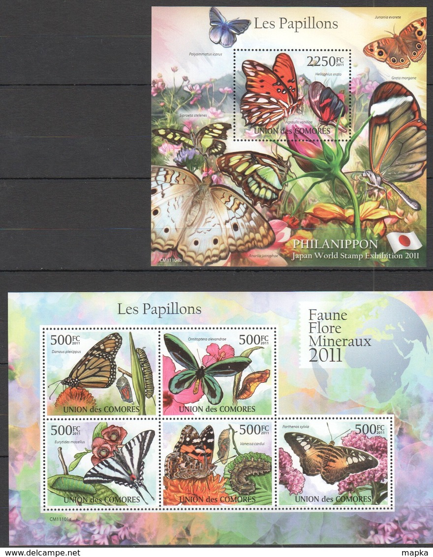 S991 2011 UNION DES COMORES FAUNE FLORE MINERAUX PAPILLONS BUTTERFLIES 1KB+1BL MNH - Papillons