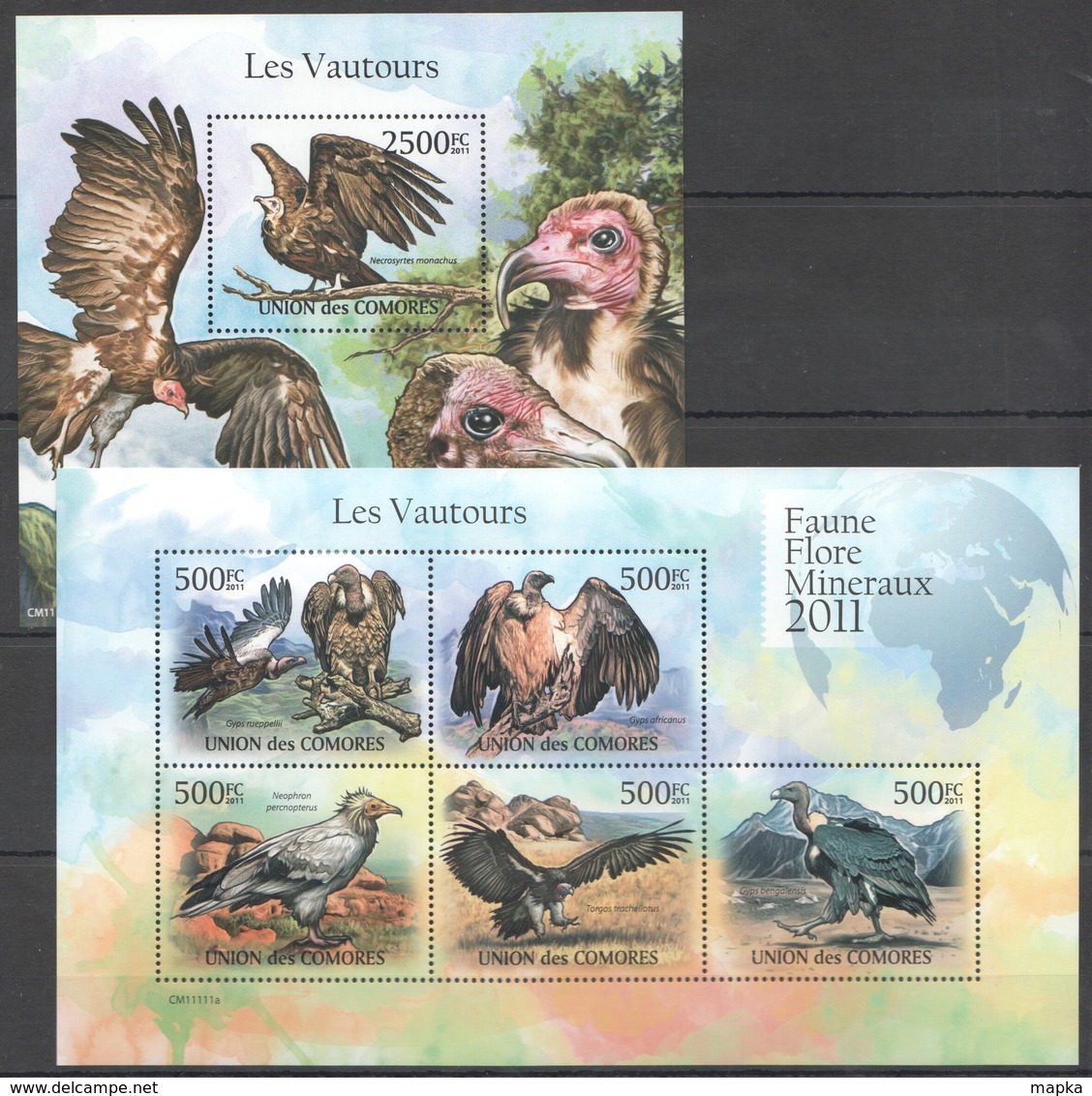 S998 2011 UNION DES COMORES FAUNE FLORE MINERAUX BIRDS LES VAUTOURS 1KB+1BL MNH - Aigles & Rapaces Diurnes