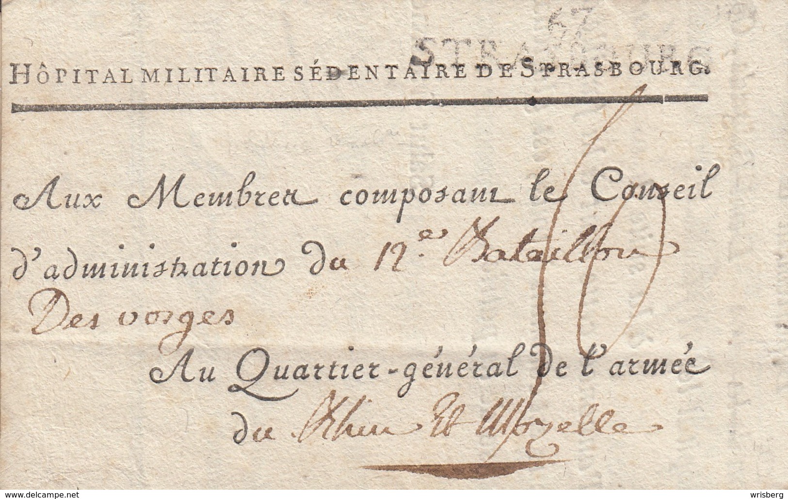 Timbre 67 STRASBOURG [41 X 8,5] Sur LAC Du 14.5.1796 Adressée à L'Armée De Rhin Et Moselle Avec Taxe Manuscrite 50 - Lettres & Documents