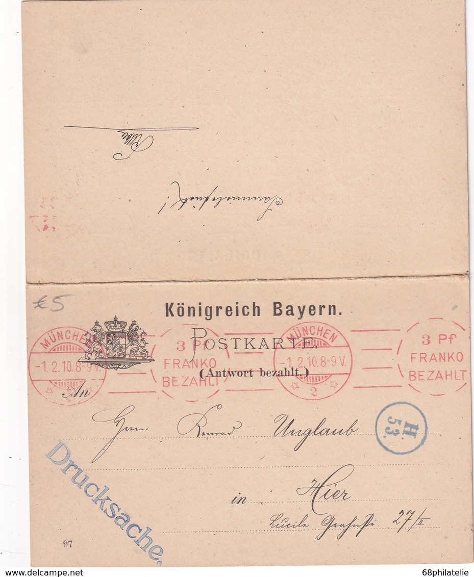 BAYERN 1910 CARTE AVEC REPONSE PAYEE DE MÜNCHEN  EMA - Sonstige & Ohne Zuordnung