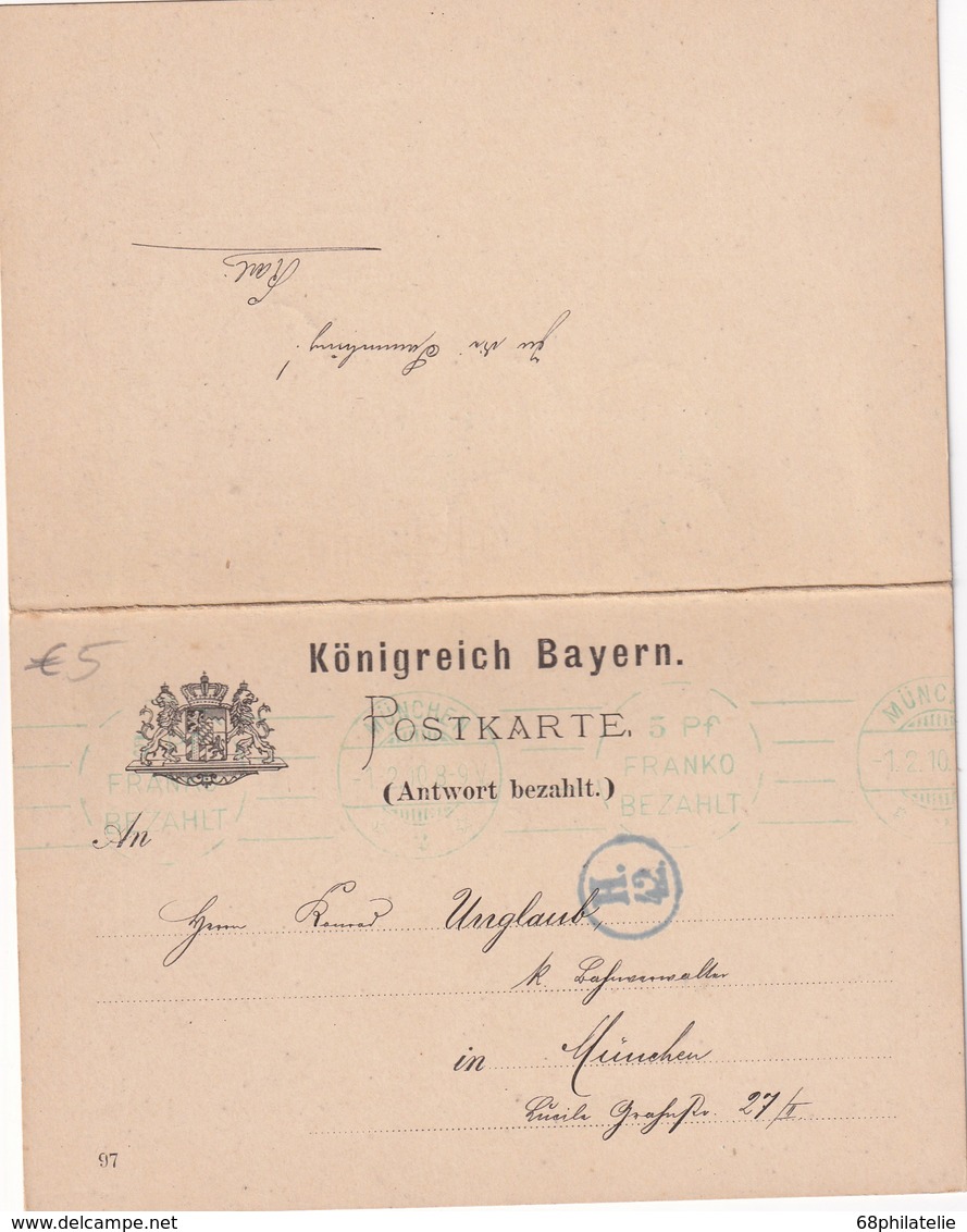 BAYERN 1910 CARTE AVEC REPONSE PAYEE DE MÜNCHEN  EMA - Sonstige & Ohne Zuordnung