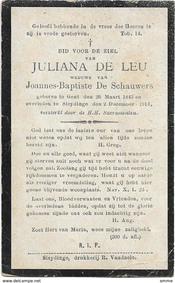 Doodsprentje  *  De Leu Juliana (° Gent 1845 /  + Sleydinge 1914)  X De Schauwers Joannes-Baptiste - Religion & Esotérisme