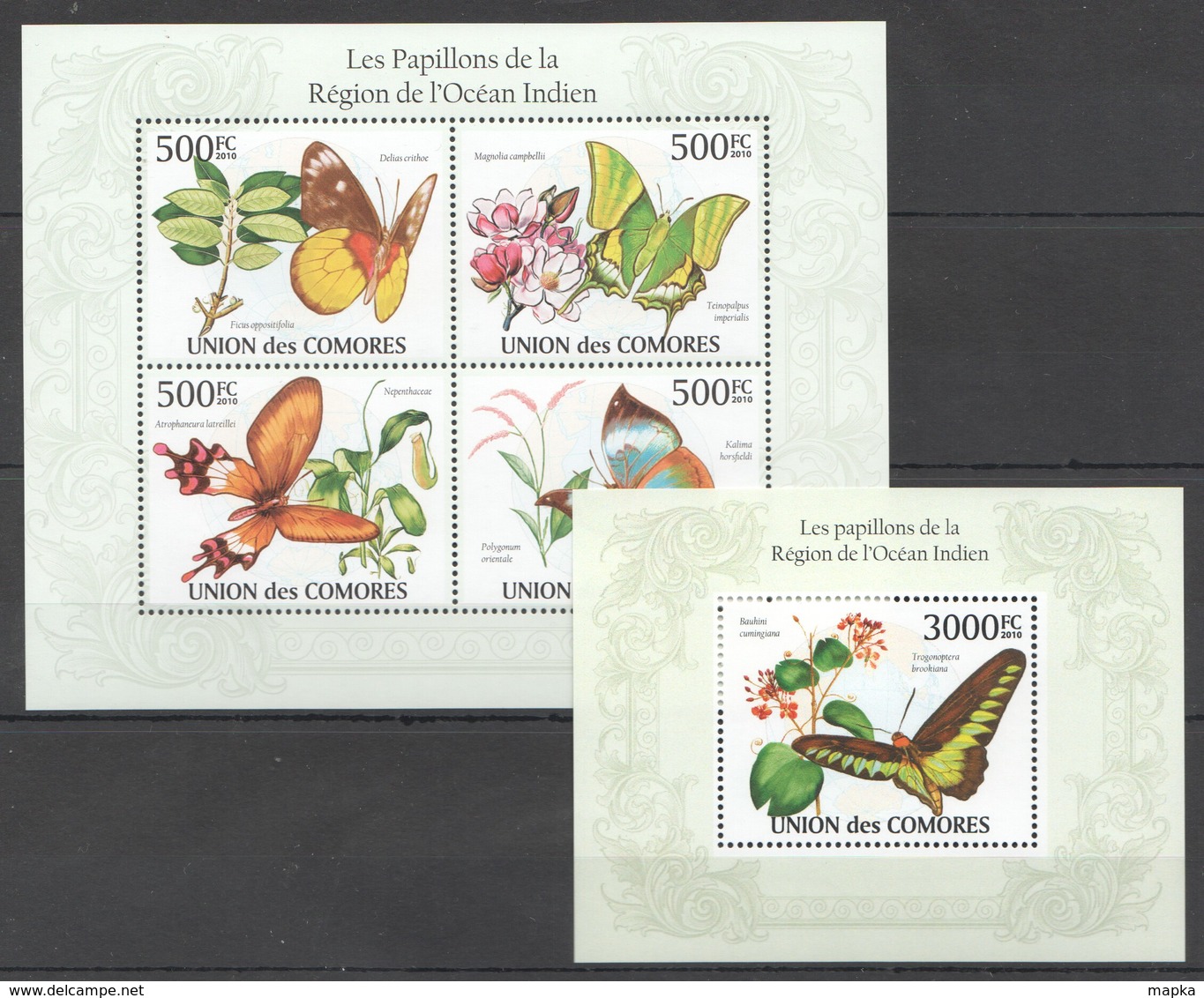 C1037 2010 UNION DES COMORES BUTTERFLIES PAPILLONS DE L'OCEAN INDIEN 1KB+1BL MNH - Papillons