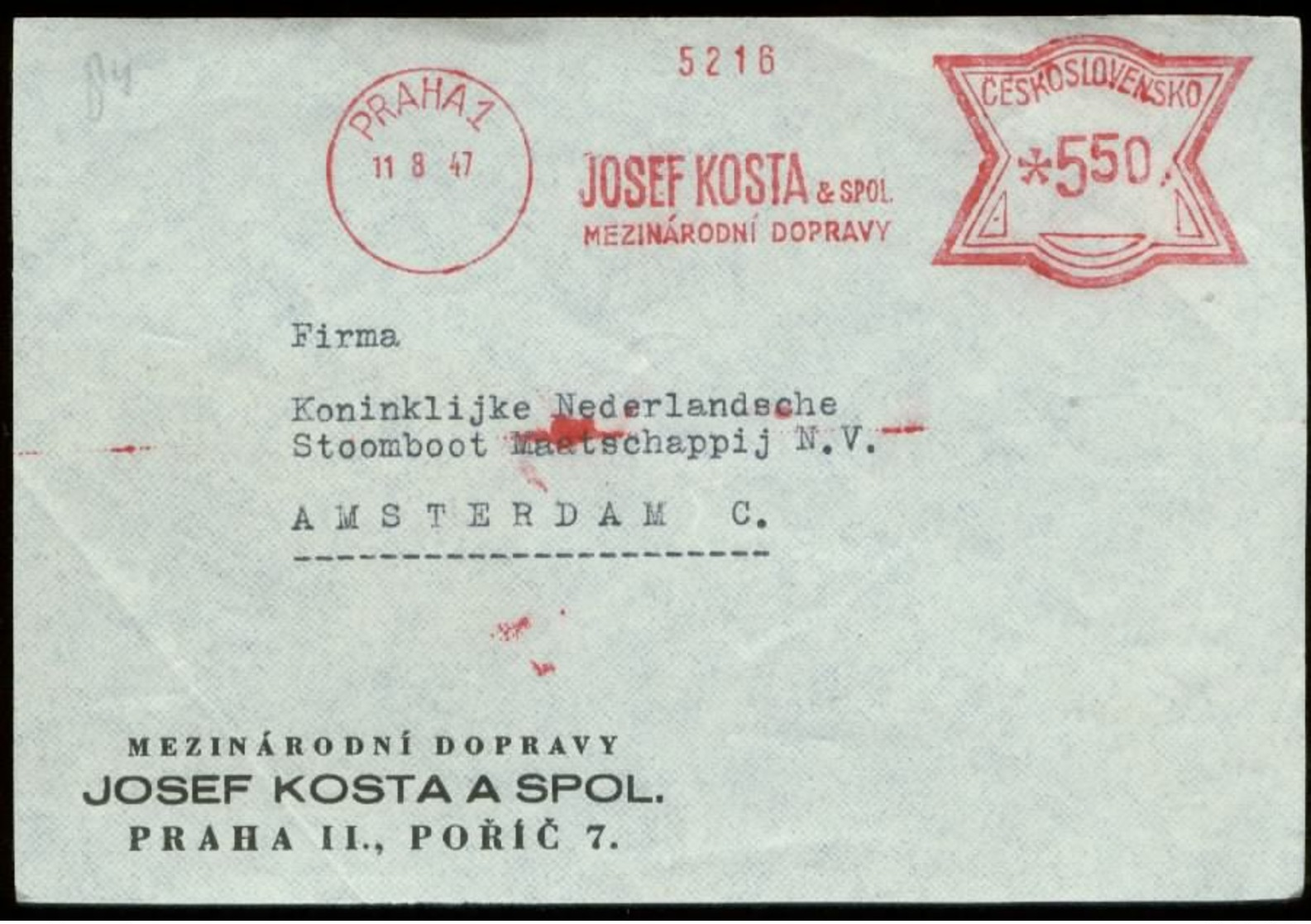 S8092 - CSSR Briefvorderseite Mit Freistempel: Gebraucht Prag - Amsterdam 1947, Bedarfserhaltung. - Briefe U. Dokumente