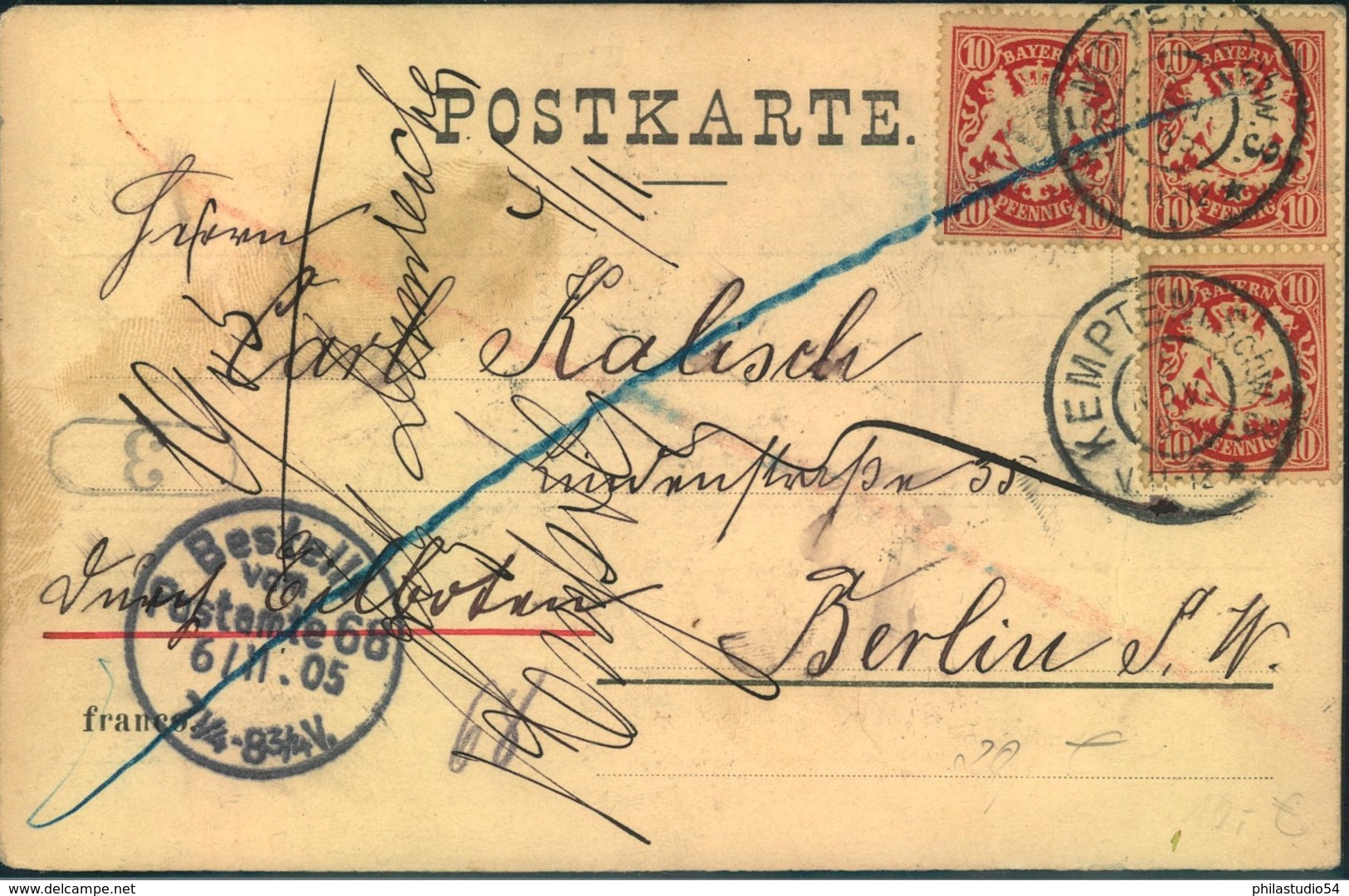 1905, Eilbotenkarte Mit 3-mal 10 Pfg. Wappen Ab "KEMPTEN (Schw. 3"nach Berlin - Briefe U. Dokumente