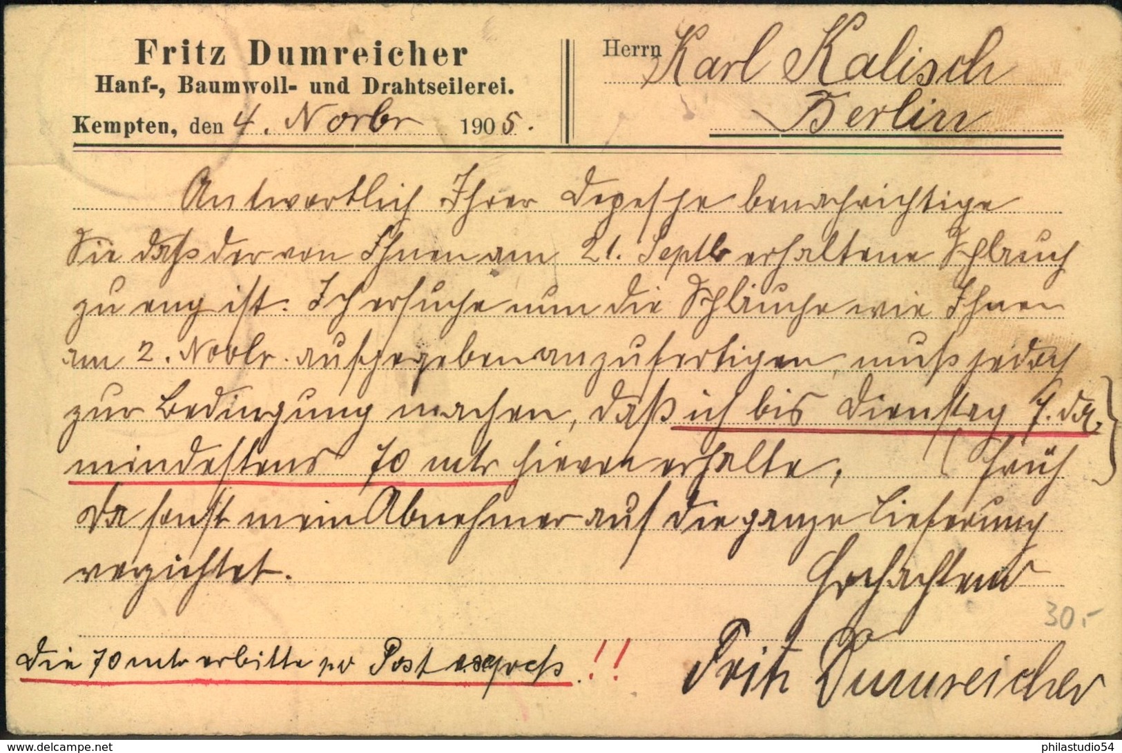 1905, Eilbotenkarte Mit 3-mal 10 Pfg. Wappen Ab "KEMPTEN (Schw. 3"nach Berlin - Lettres & Documents