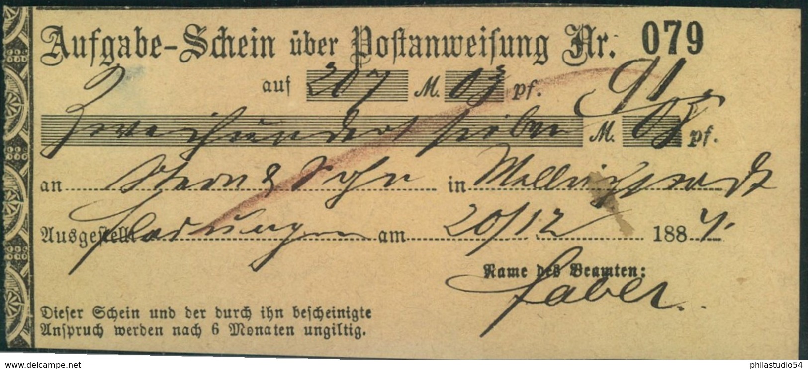 1884, Aufgab-SChein über Eine Post-Anweisung Ab FLADUNGEN - Lettres & Documents