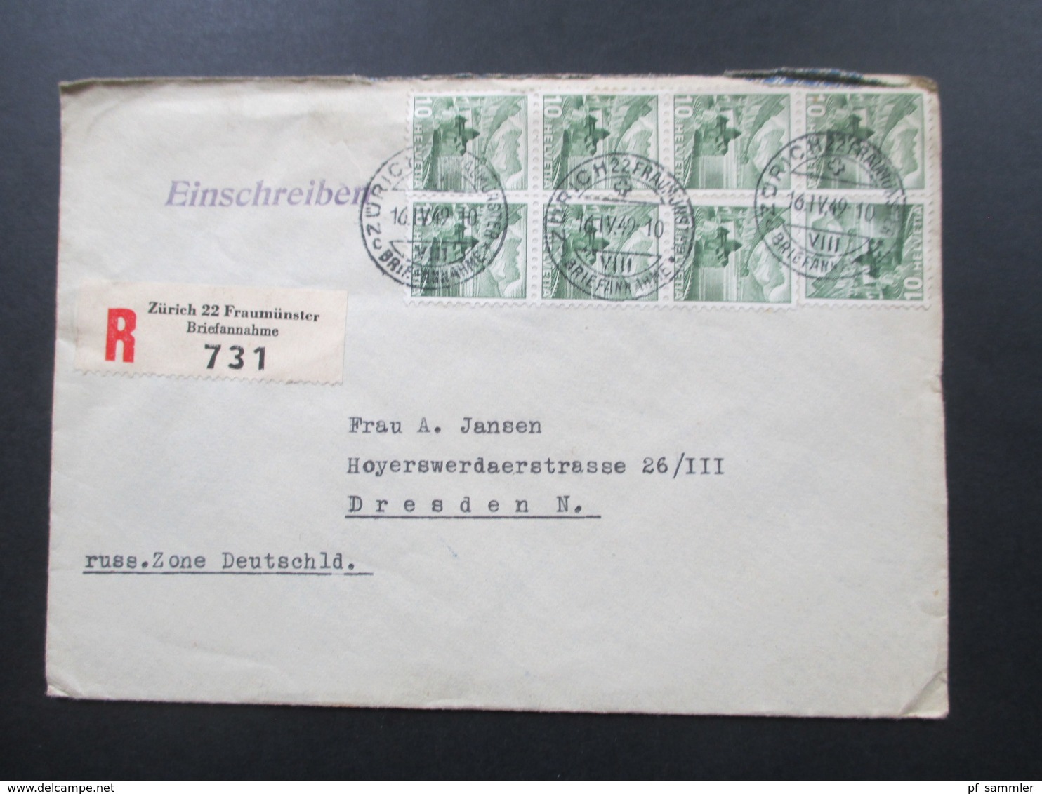 Schweiz 1949 Landschaften Nr. 501 (8) MeF 1x Senkr. 4er Streifen / 1x Senkr. 3er Streifen Einschreiben Zürich 22 Fraumün - Storia Postale