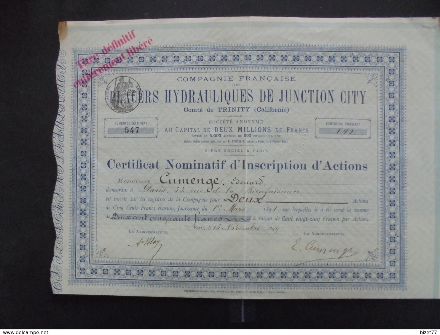 USA, CALIFORNIE - PLACERS HYDRAULIQUES JUNCTION CITY - CERTIFICAT DE 2 ACTIONS 500 FRS - PARIS 1899 - Autres & Non Classés