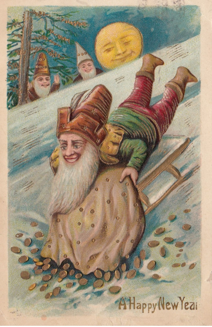 NEW YEAR ; Dwarf On Sled , Gold Coins , 1907 - Nouvel An