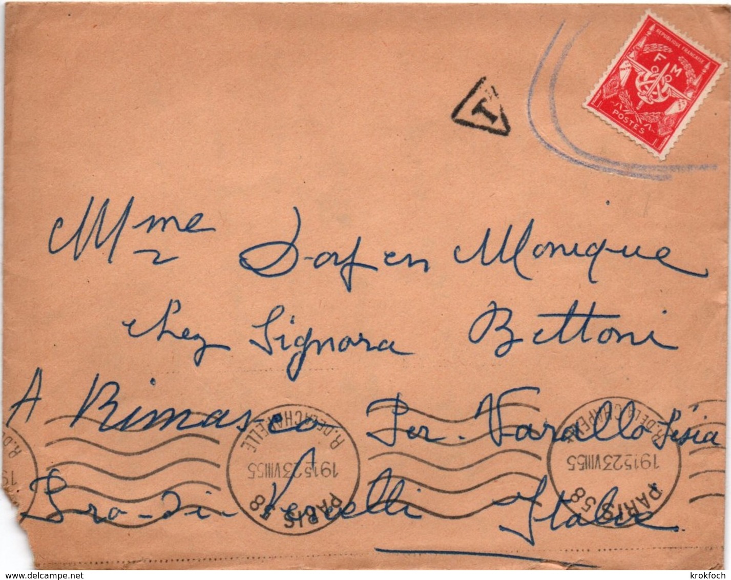 Paris 1955 - Lettre Taxée Pour Usage De Timbre FM Sans Marque De Franchise De Régiment Ou De Base - 1859-1959 Briefe & Dokumente