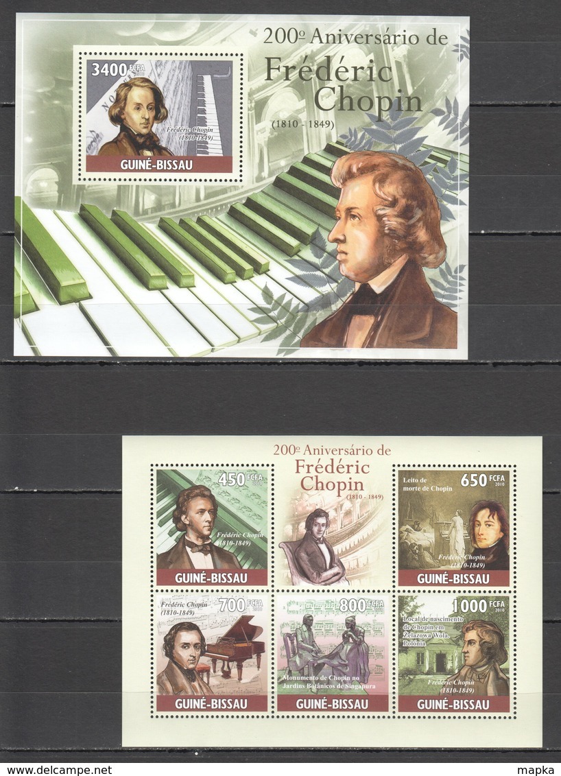 T050 2010 GUINE GUINEA-BISSAU MUSIC FAMOUS PEOPLE FREDERIC CHOPIN 1KB+1BL MNH - Musique