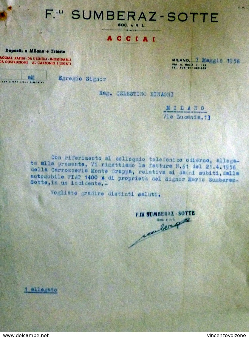 Lettera Commerciale "F.LLI SUMBERAZ - SOTTE ACCIAI   Milano  SINISTRO FIAT 1400 A" - Italia