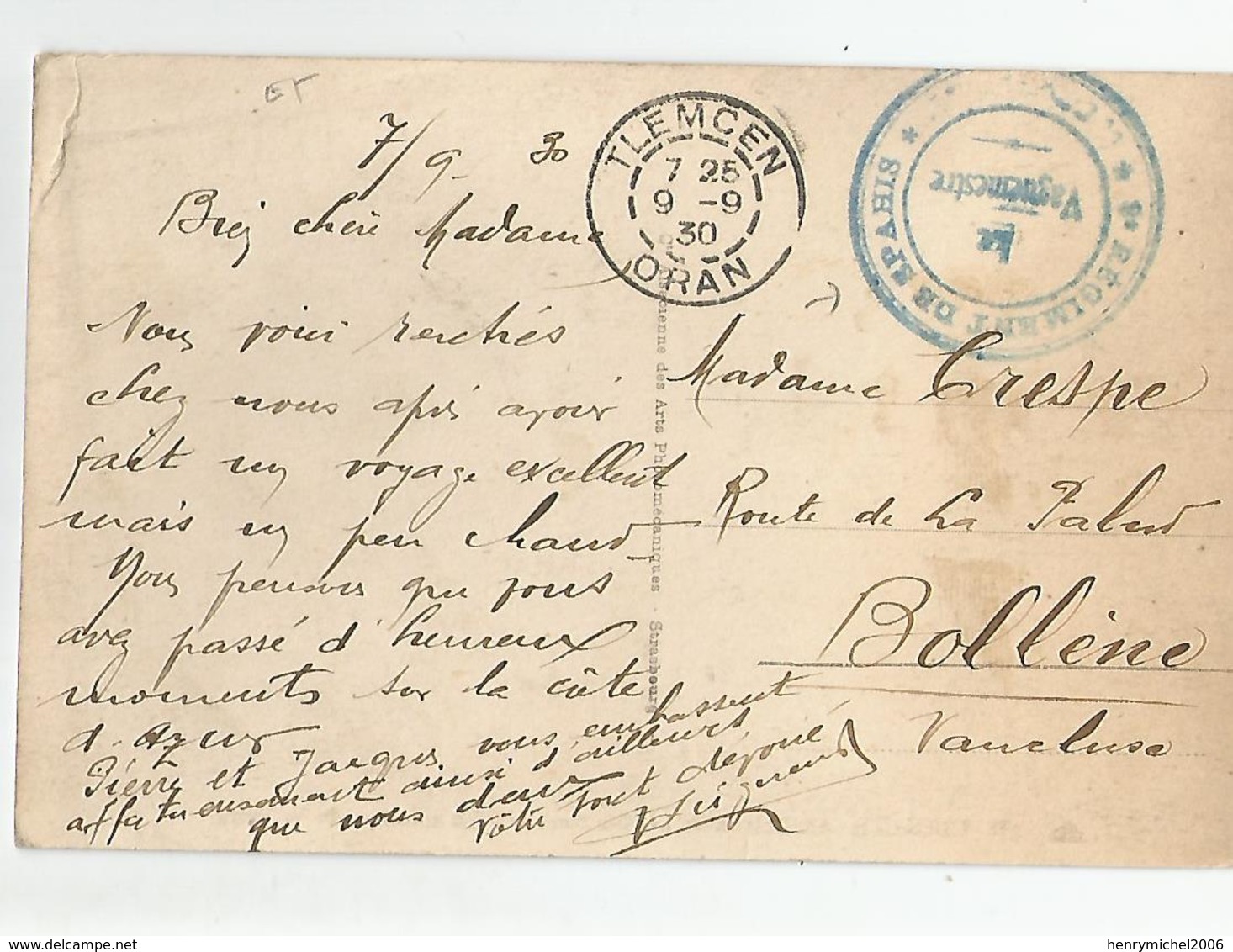 Marcophilie Tlemcen Cachet Militaire Regiment De Spahis 1930 Timbre Fm Algérie - Militaire Stempels Vanaf 1900 (buiten De Oorlog)