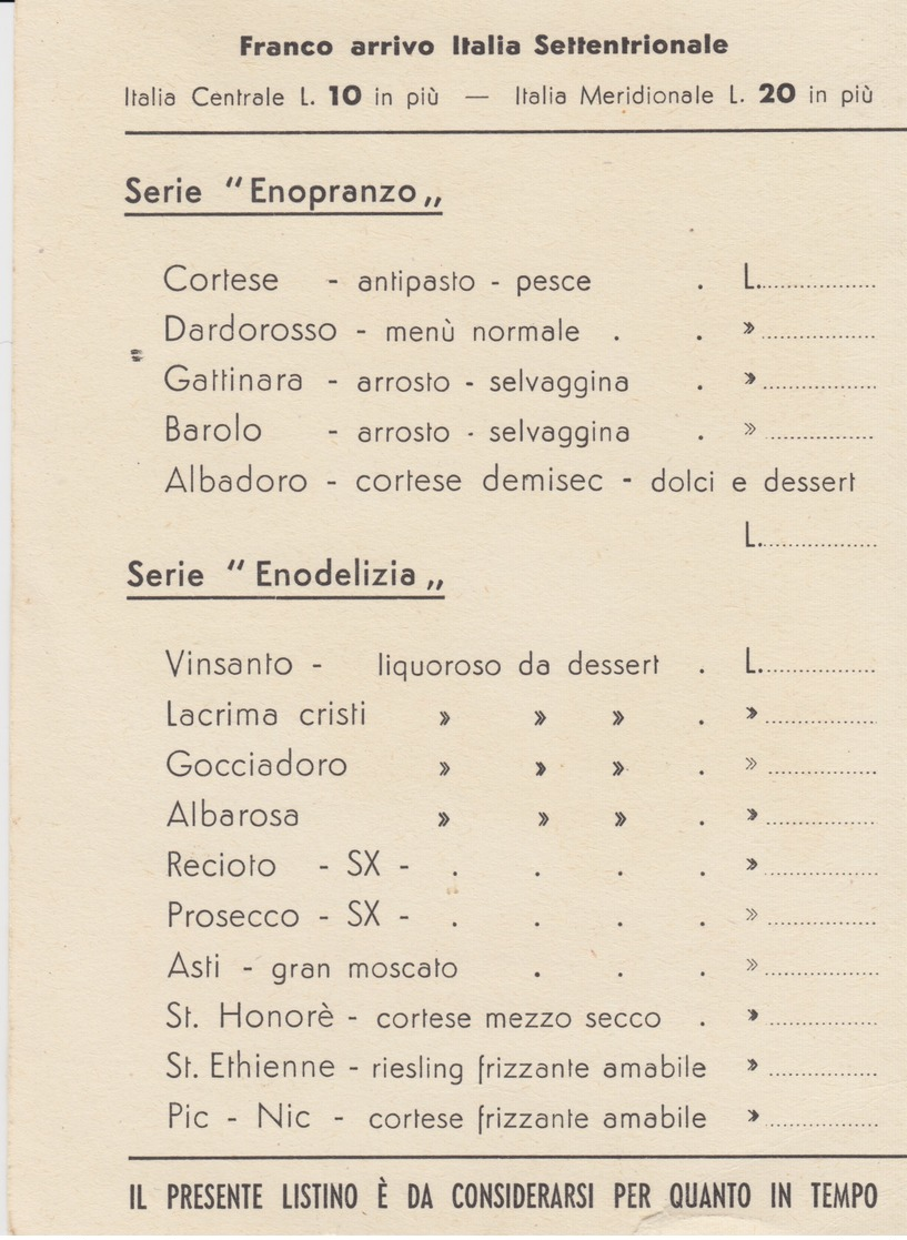 CARTONCINO PUBBLICITA' - FERRANDO VINI - ....PER BRINDARE NELLE ORE LIETE....-  ...UNA CANNONATA - RETRO LISTINO PREZZI - Pubblicitari