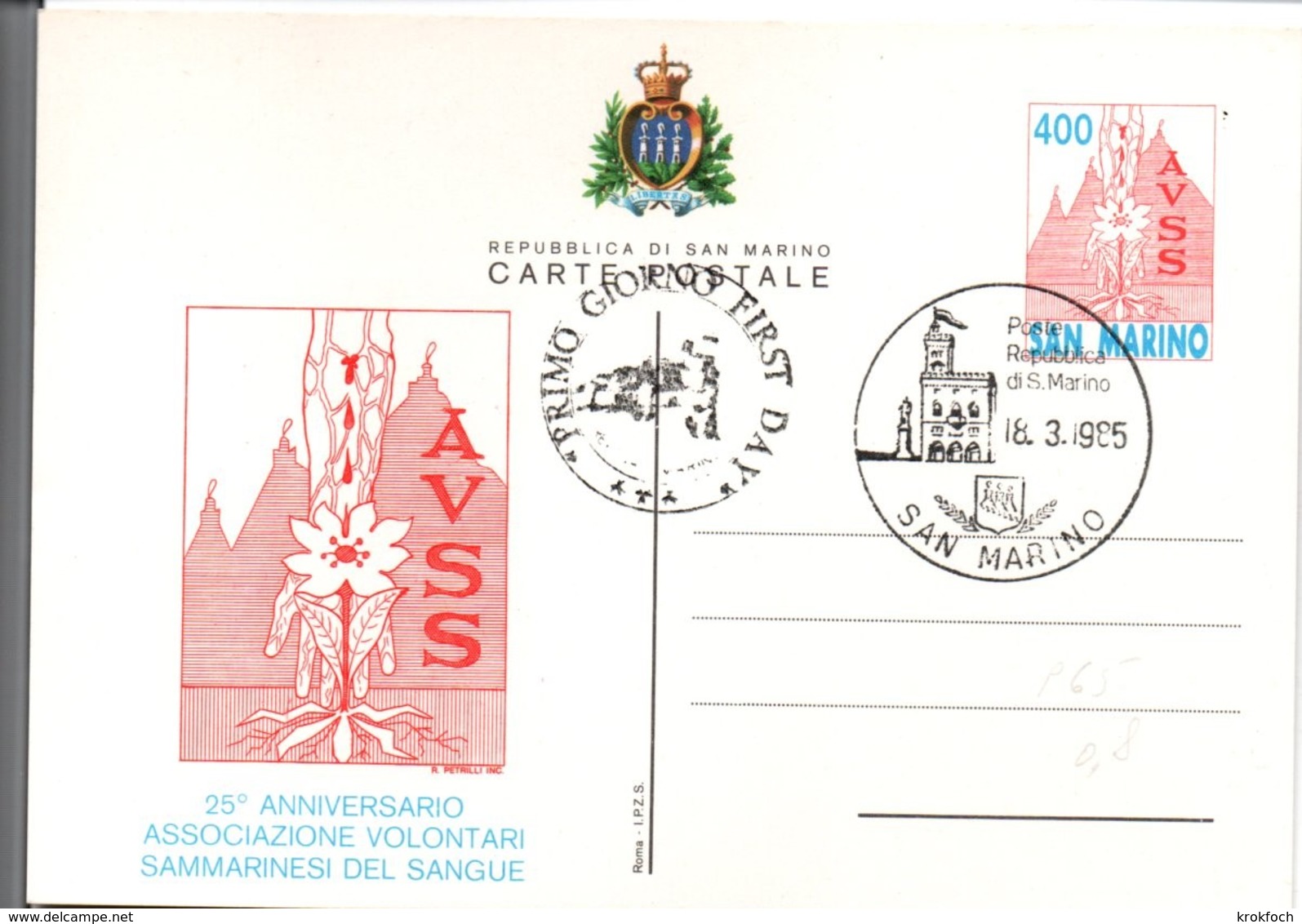 San Marino - Interi Intero - Volontari Del Sangue - Donneurs De Sang 1985 - Entiers Postaux