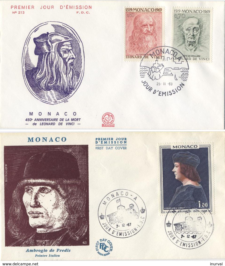 1967,1969 Monaco, 2 FDC: 450 Years From The Date Of Death Of Leonardo Da Vinci And His Student Ambrogio De Predis - Storia Postale
