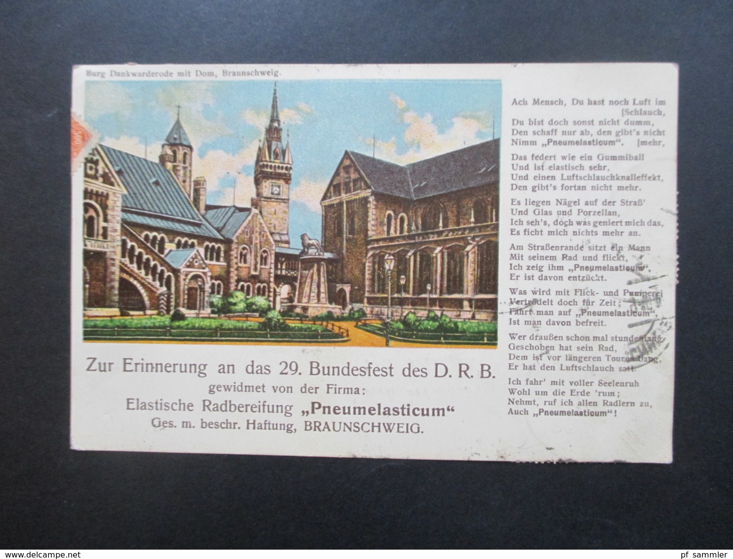 DR Infla 1923 MiF Werbepostkarte 29. Bundesfest Des D.R.B. Firma Pneumelasticum Werbesong! Durch Eilboten Bote Bezahlt - Werbepostkarten