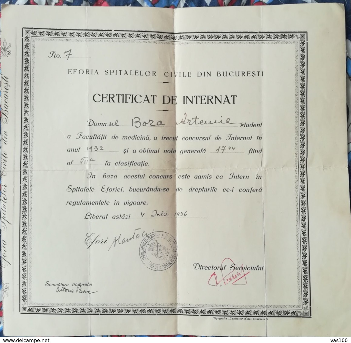SCHOOL DIPLOMA, HOSPITAL INTERN CERTIFICATE, 1936, ROMANIA - Diploma & School Reports